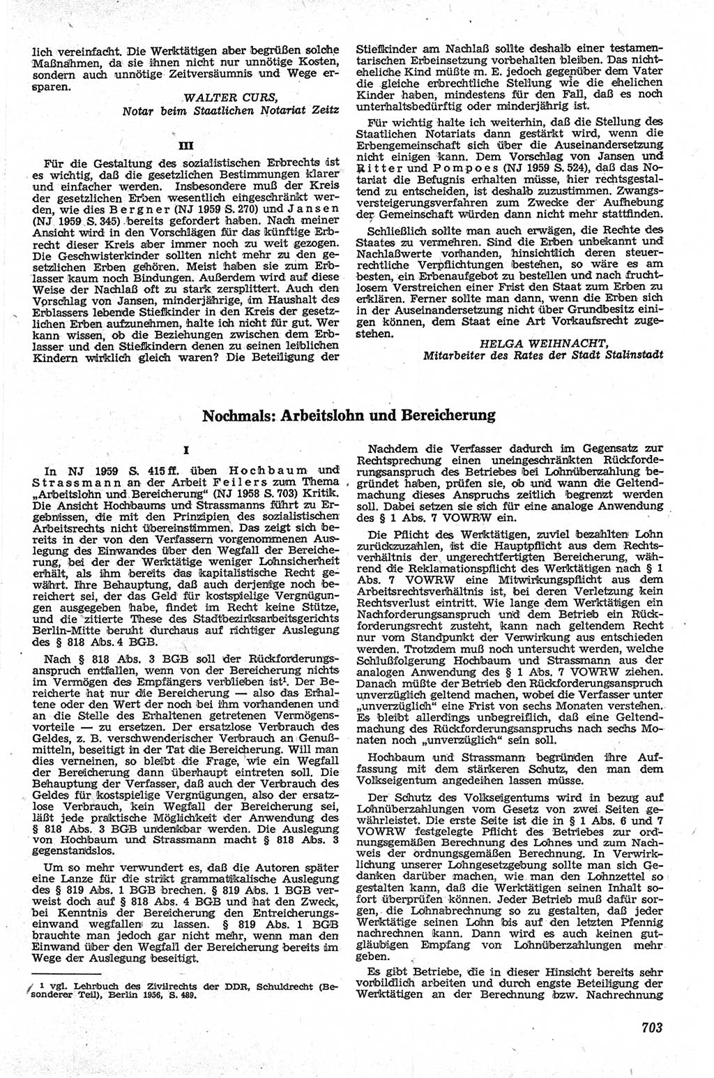 Neue Justiz (NJ), Zeitschrift für Recht und Rechtswissenschaft [Deutsche Demokratische Republik (DDR)], 13. Jahrgang 1959, Seite 703 (NJ DDR 1959, S. 703)