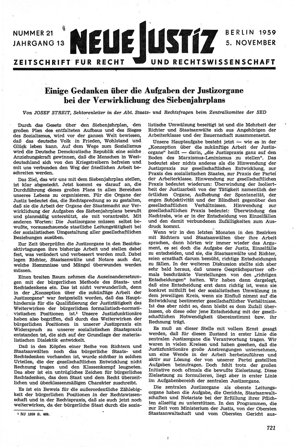 Neue Justiz (NJ), Zeitschrift für Recht und Rechtswissenschaft [Deutsche Demokratische Republik (DDR)], 13. Jahrgang 1959, Seite 721 (NJ DDR 1959, S. 721)