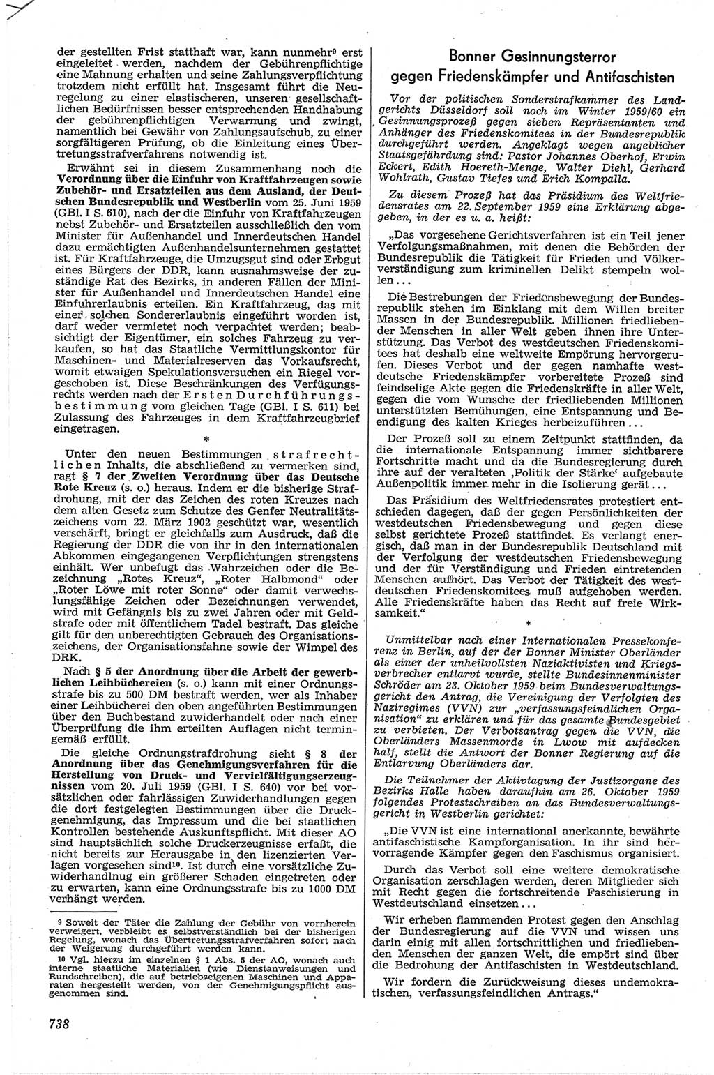 Neue Justiz (NJ), Zeitschrift für Recht und Rechtswissenschaft [Deutsche Demokratische Republik (DDR)], 13. Jahrgang 1959, Seite 738 (NJ DDR 1959, S. 738)