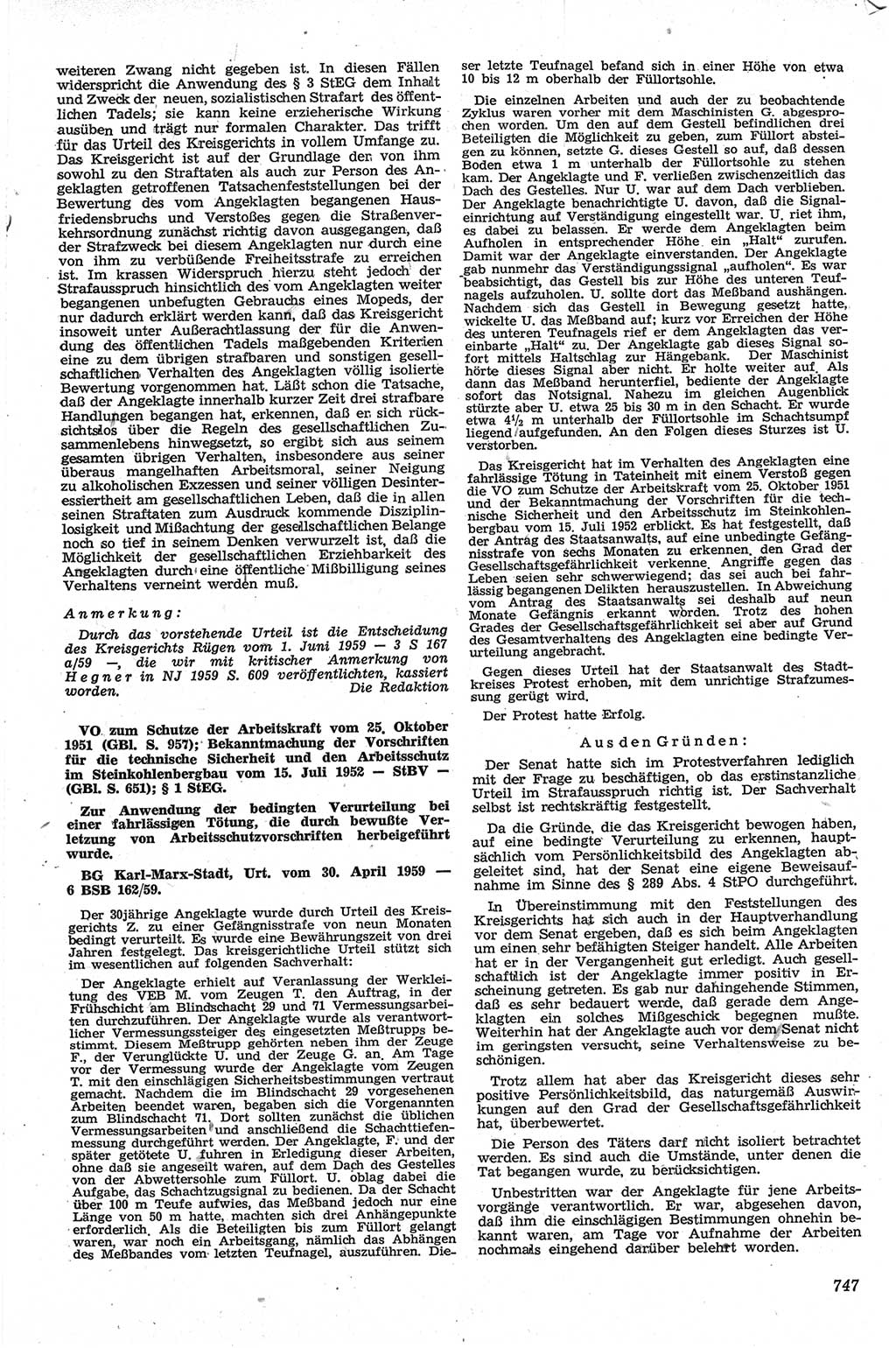 Neue Justiz (NJ), Zeitschrift für Recht und Rechtswissenschaft [Deutsche Demokratische Republik (DDR)], 13. Jahrgang 1959, Seite 747 (NJ DDR 1959, S. 747)