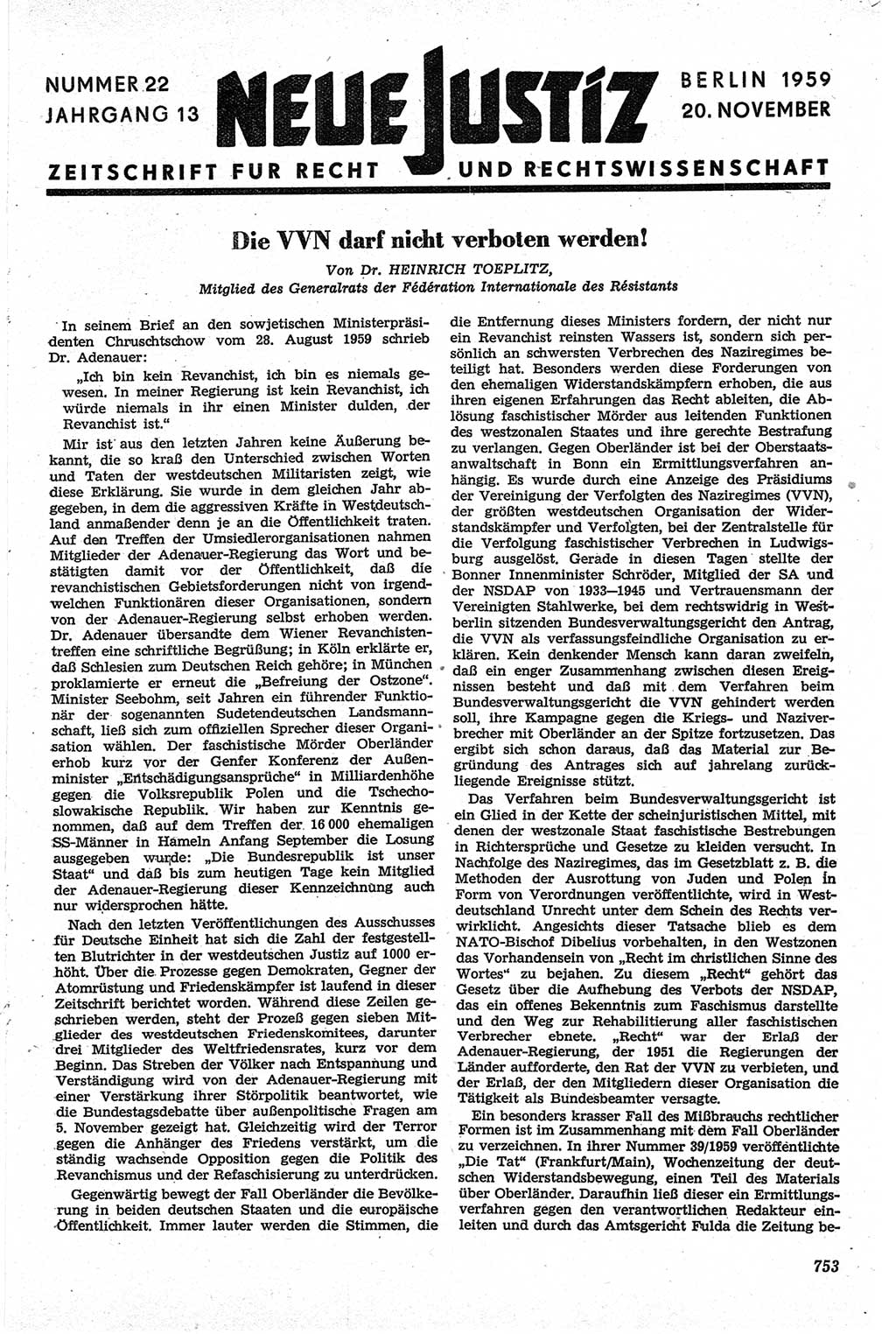 Neue Justiz (NJ), Zeitschrift für Recht und Rechtswissenschaft [Deutsche Demokratische Republik (DDR)], 13. Jahrgang 1959, Seite 753 (NJ DDR 1959, S. 753)