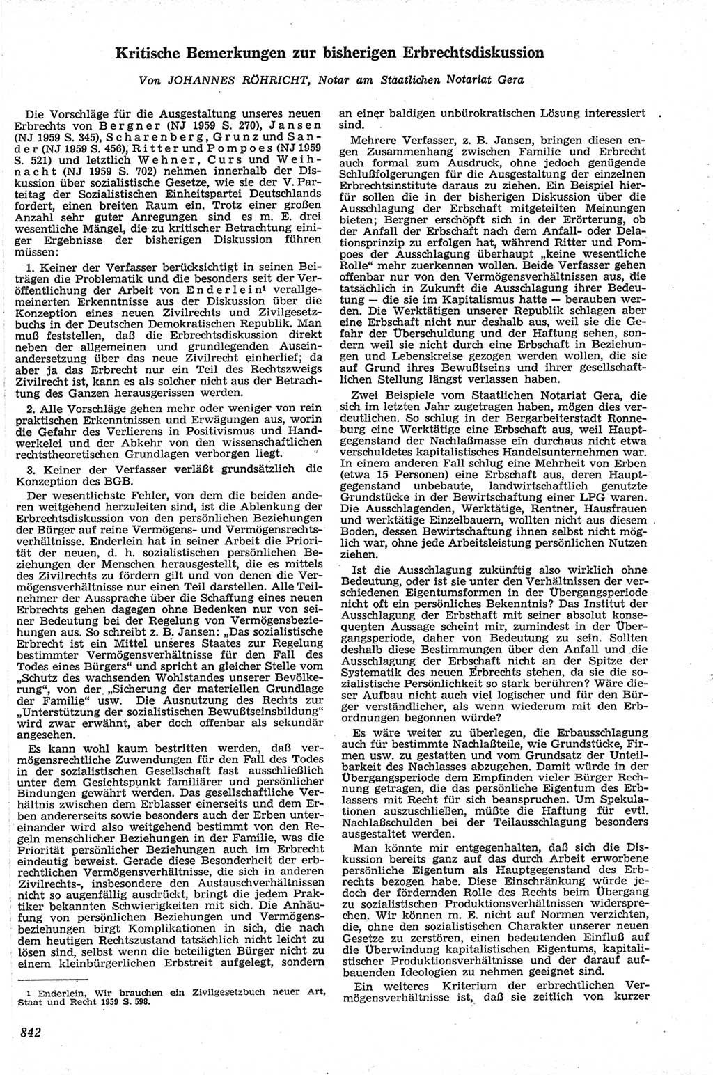 Neue Justiz (NJ), Zeitschrift für Recht und Rechtswissenschaft [Deutsche Demokratische Republik (DDR)], 13. Jahrgang 1959, Seite 842 (NJ DDR 1959, S. 842)