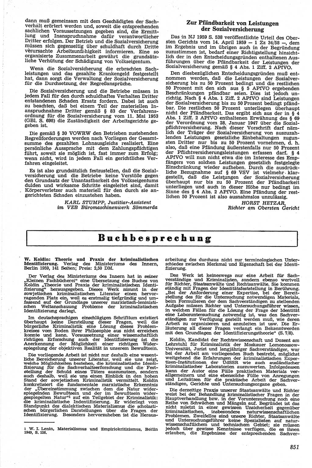 Neue Justiz (NJ), Zeitschrift für Recht und Rechtswissenschaft [Deutsche Demokratische Republik (DDR)], 13. Jahrgang 1959, Seite 851 (NJ DDR 1959, S. 851)