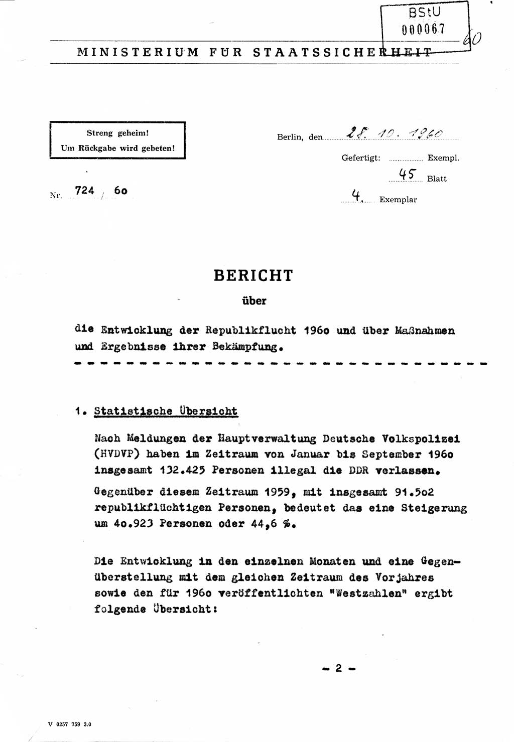 Bericht Nr. 724/60 über die Entwicklung der Republikflucht 1960 und über Maßnahmen und Ergebnisse ihrer Bekämpfung, Ministerium für Staatssicherheit (MfS) [Deutsche Demokratische Republik (DDR)], Streng geheim 724/60, Berlin 1960, Blatt 1 (Ber. DDR MfS str. geh. 724/60 1960, Bl. 1)