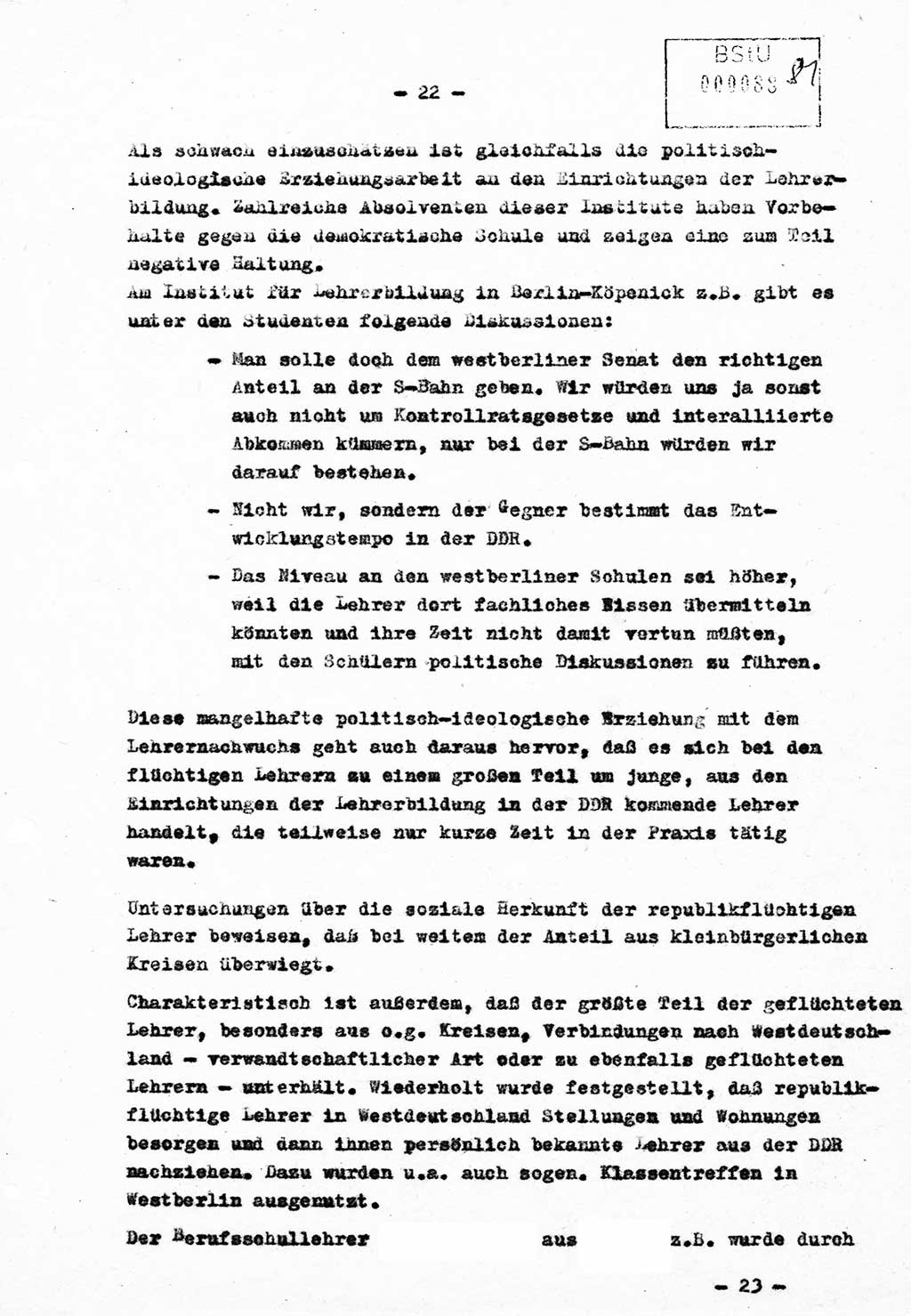 Bericht Nr. 724/60 über die Entwicklung der Republikflucht 1960 und über Maßnahmen und Ergebnisse ihrer Bekämpfung, Ministerium für Staatssicherheit (MfS) [Deutsche Demokratische Republik (DDR)], Streng geheim 724/60, Berlin 1960, Blatt 22 (Ber. DDR MfS str. geh. 724/60 1960, Bl. 22)