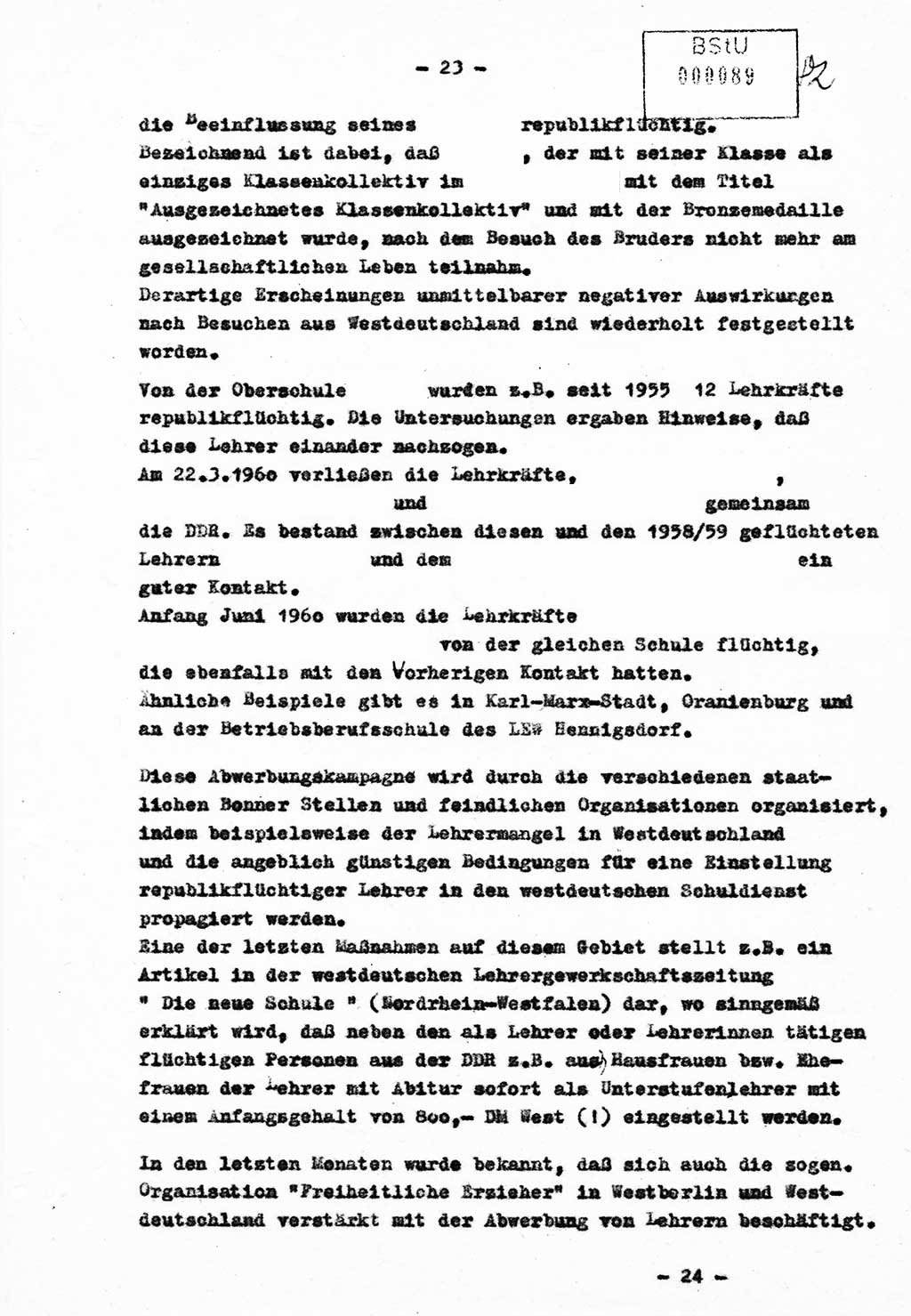 Bericht Nr. 724/60 über die Entwicklung der Republikflucht 1960 und über Maßnahmen und Ergebnisse ihrer Bekämpfung, Ministerium für Staatssicherheit (MfS) [Deutsche Demokratische Republik (DDR)], Streng geheim 724/60, Berlin 1960, Blatt 23 (Ber. DDR MfS str. geh. 724/60 1960, Bl. 23)