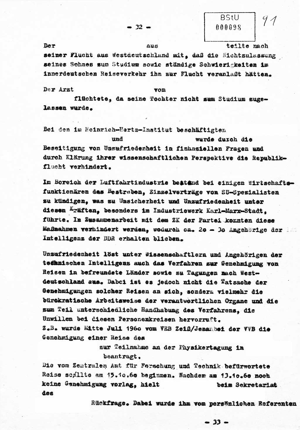 Bericht Nr. 724/60 über die Entwicklung der Republikflucht 1960 und über Maßnahmen und Ergebnisse ihrer Bekämpfung, Ministerium für Staatssicherheit (MfS) [Deutsche Demokratische Republik (DDR)], Streng geheim 724/60, Berlin 1960, Blatt 32 (Ber. DDR MfS str. geh. 724/60 1960, Bl. 32)