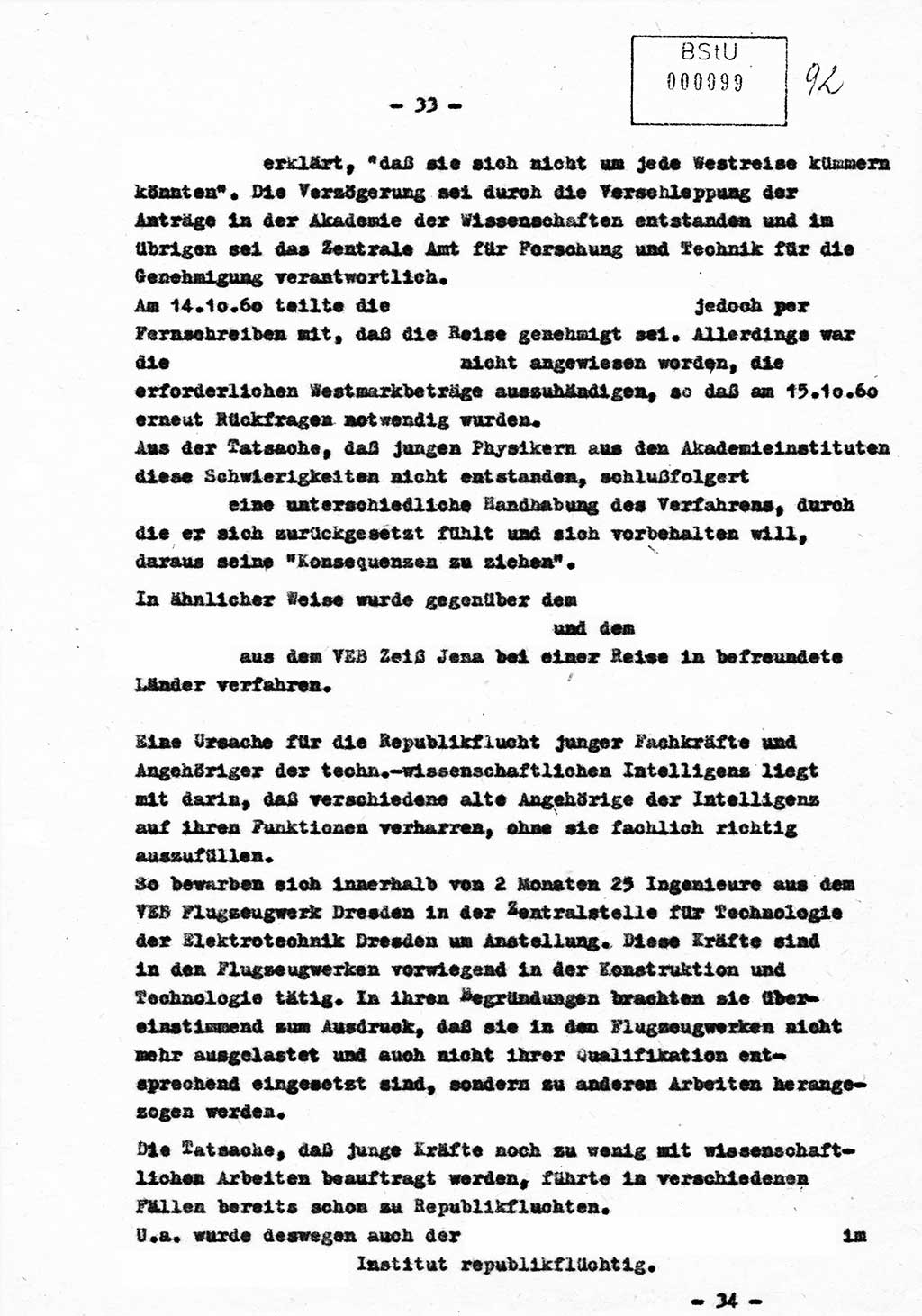 Bericht Nr. 724/60 über die Entwicklung der Republikflucht 1960 und über Maßnahmen und Ergebnisse ihrer Bekämpfung, Ministerium für Staatssicherheit (MfS) [Deutsche Demokratische Republik (DDR)], Streng geheim 724/60, Berlin 1960, Blatt 33 (Ber. DDR MfS str. geh. 724/60 1960, Bl. 33)