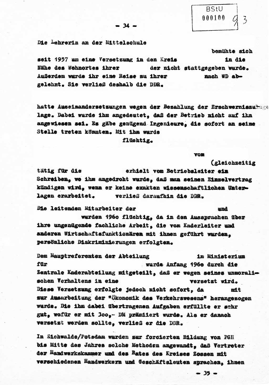 Bericht Nr. 724/60 über die Entwicklung der Republikflucht 1960 und über Maßnahmen und Ergebnisse ihrer Bekämpfung, Ministerium für Staatssicherheit (MfS) [Deutsche Demokratische Republik (DDR)], Streng geheim 724/60, Berlin 1960, Blatt 34 (Ber. DDR MfS str. geh. 724/60 1960, Bl. 34)