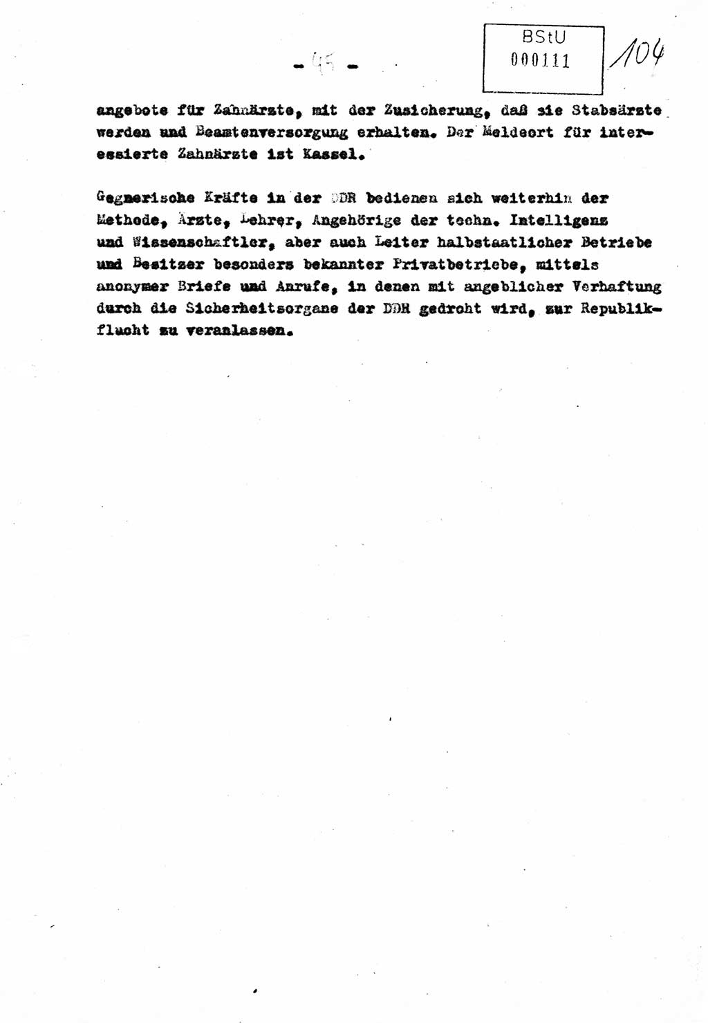 Bericht Nr. 724/60 über die Entwicklung der Republikflucht 1960 und über Maßnahmen und Ergebnisse ihrer Bekämpfung, Ministerium für Staatssicherheit (MfS) [Deutsche Demokratische Republik (DDR)], Streng geheim 724/60, Berlin 1960, Blatt 45 (Ber. DDR MfS str. geh. 724/60 1960, Bl. 45)