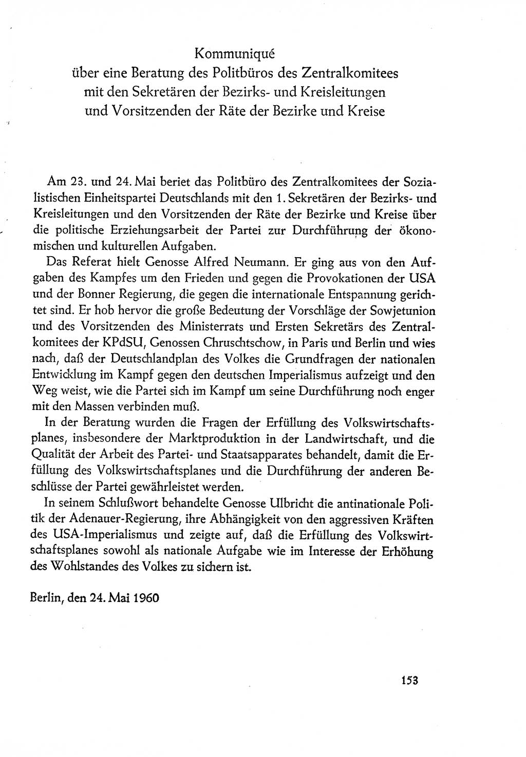 Dokumente der Sozialistischen Einheitspartei Deutschlands (SED) [Deutsche Demokratische Republik (DDR)] 1960-1961, Seite 153 (Dok. SED DDR 1960-1961, S. 153)
