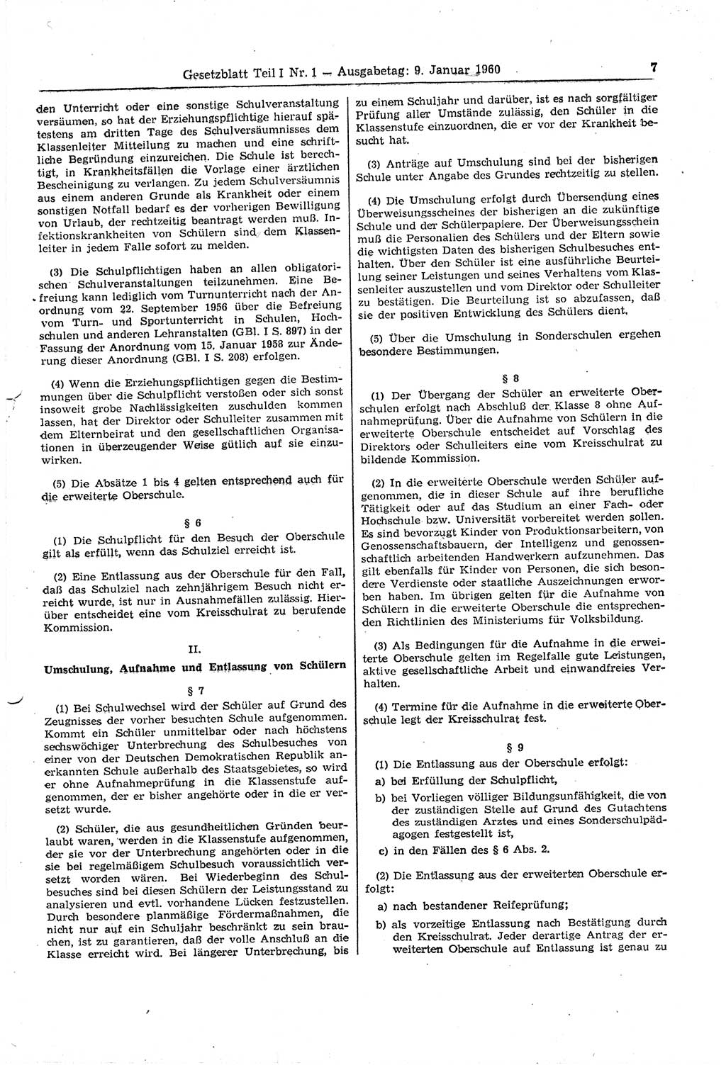 Gesetzblatt (GBl.) der Deutschen Demokratischen Republik (DDR) Teil Ⅰ 1960, Seite 7 (GBl. DDR Ⅰ 1960, S. 7)