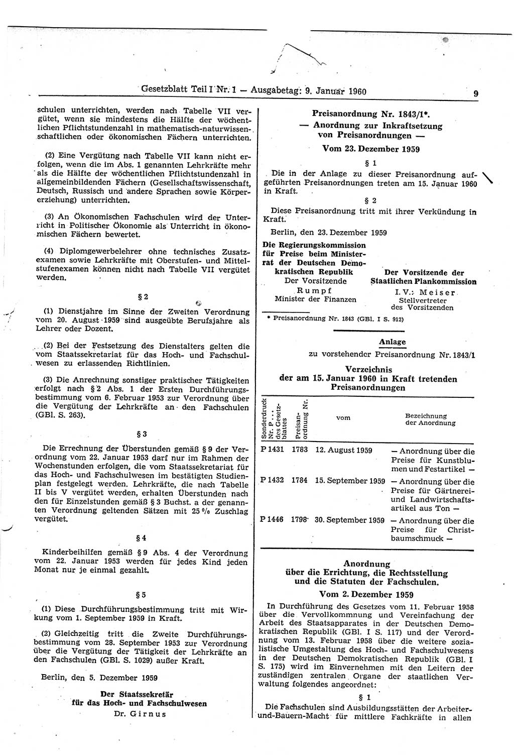 Gesetzblatt (GBl.) der Deutschen Demokratischen Republik (DDR) Teil Ⅰ 1960, Seite 9 (GBl. DDR Ⅰ 1960, S. 9)