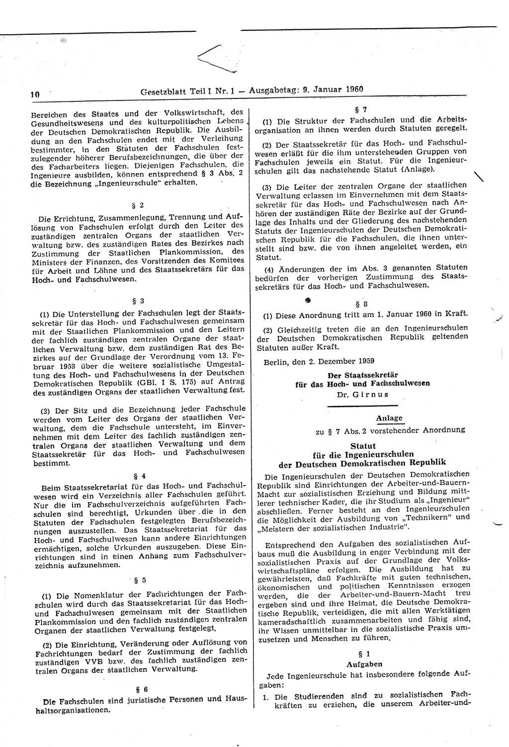 Gesetzblatt (GBl.) der Deutschen Demokratischen Republik (DDR) Teil Ⅰ 1960, Seite 10 (GBl. DDR Ⅰ 1960, S. 10)