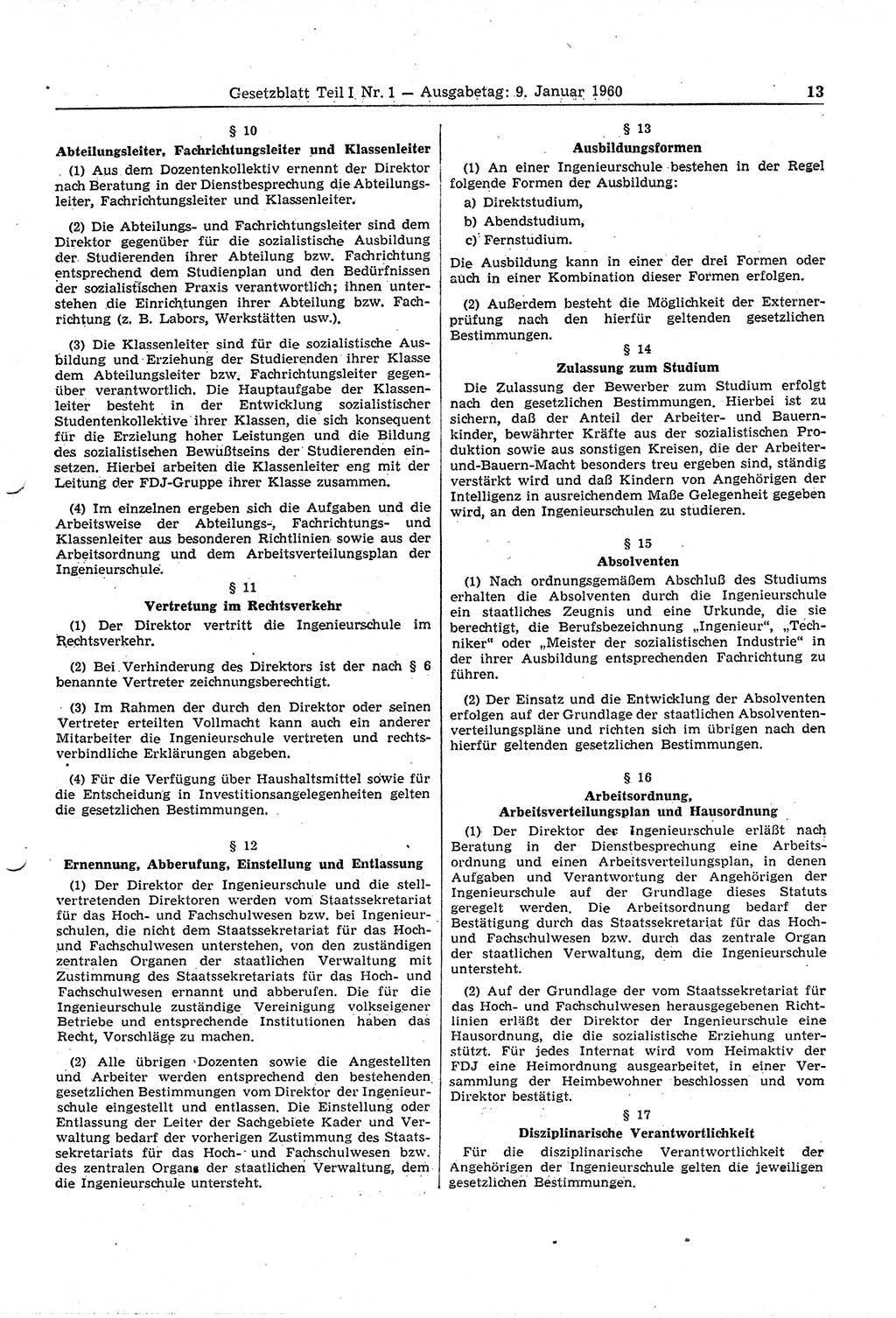 Gesetzblatt (GBl.) der Deutschen Demokratischen Republik (DDR) Teil Ⅰ 1960, Seite 13 (GBl. DDR Ⅰ 1960, S. 13)