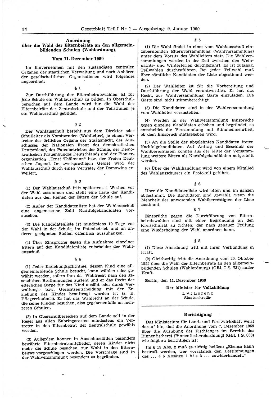 Gesetzblatt (GBl.) der Deutschen Demokratischen Republik (DDR) Teil Ⅰ 1960, Seite 14 (GBl. DDR Ⅰ 1960, S. 14)