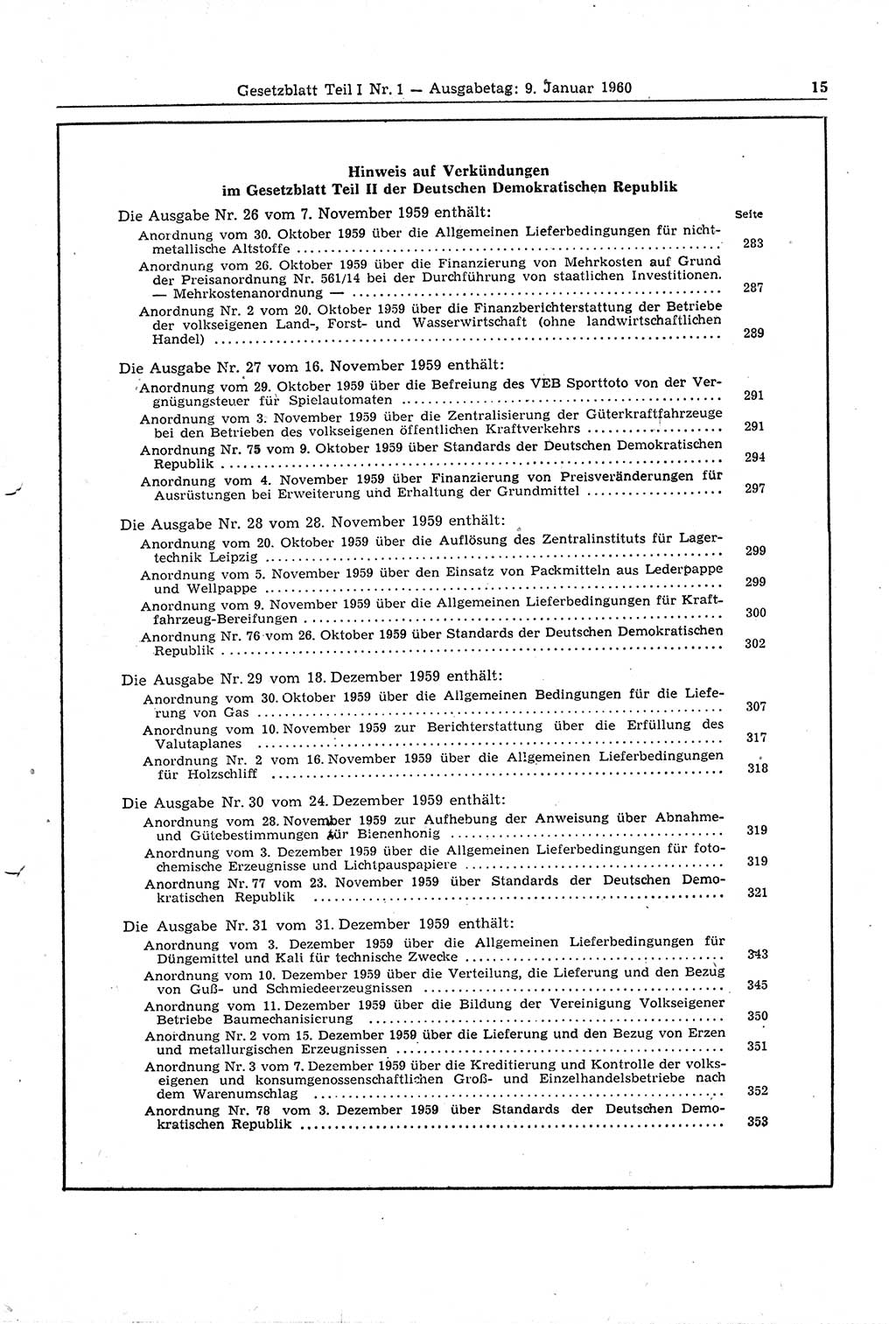 Gesetzblatt (GBl.) der Deutschen Demokratischen Republik (DDR) Teil Ⅰ 1960, Seite 15 (GBl. DDR Ⅰ 1960, S. 15)