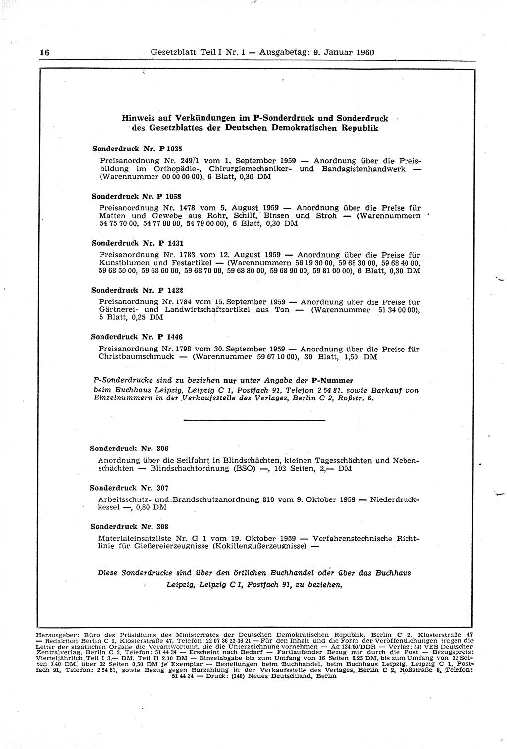 Gesetzblatt (GBl.) der Deutschen Demokratischen Republik (DDR) Teil Ⅰ 1960, Seite 16 (GBl. DDR Ⅰ 1960, S. 16)