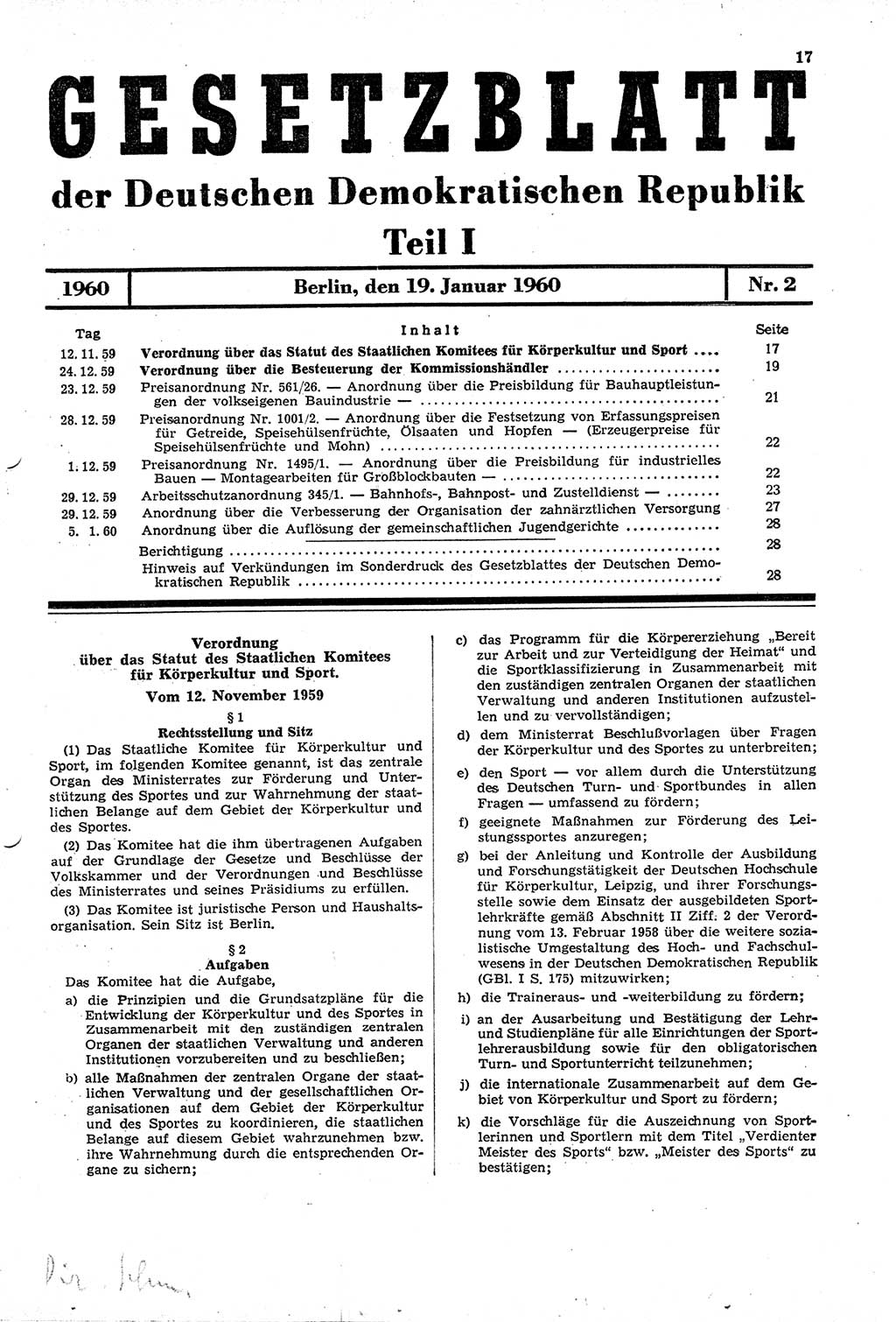 Gesetzblatt (GBl.) der Deutschen Demokratischen Republik (DDR) Teil Ⅰ 1960, Seite 17 (GBl. DDR Ⅰ 1960, S. 17)