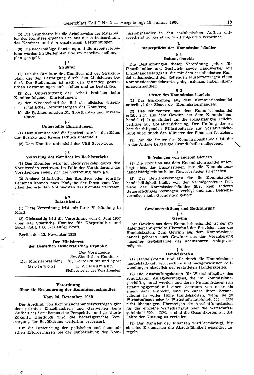 Gesetzblatt (GBl.) der Deutschen Demokratischen Republik (DDR) Teil Ⅰ 1960, Seite 19 (GBl. DDR Ⅰ 1960, S. 19)