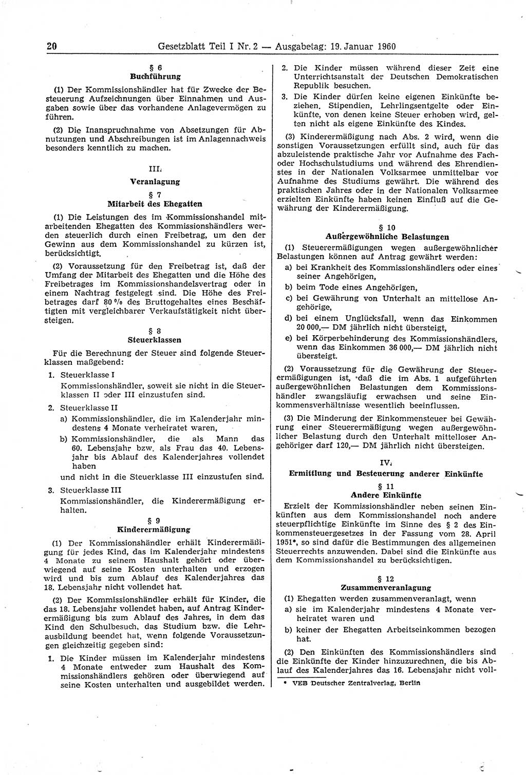 Gesetzblatt (GBl.) der Deutschen Demokratischen Republik (DDR) Teil Ⅰ 1960, Seite 20 (GBl. DDR Ⅰ 1960, S. 20)