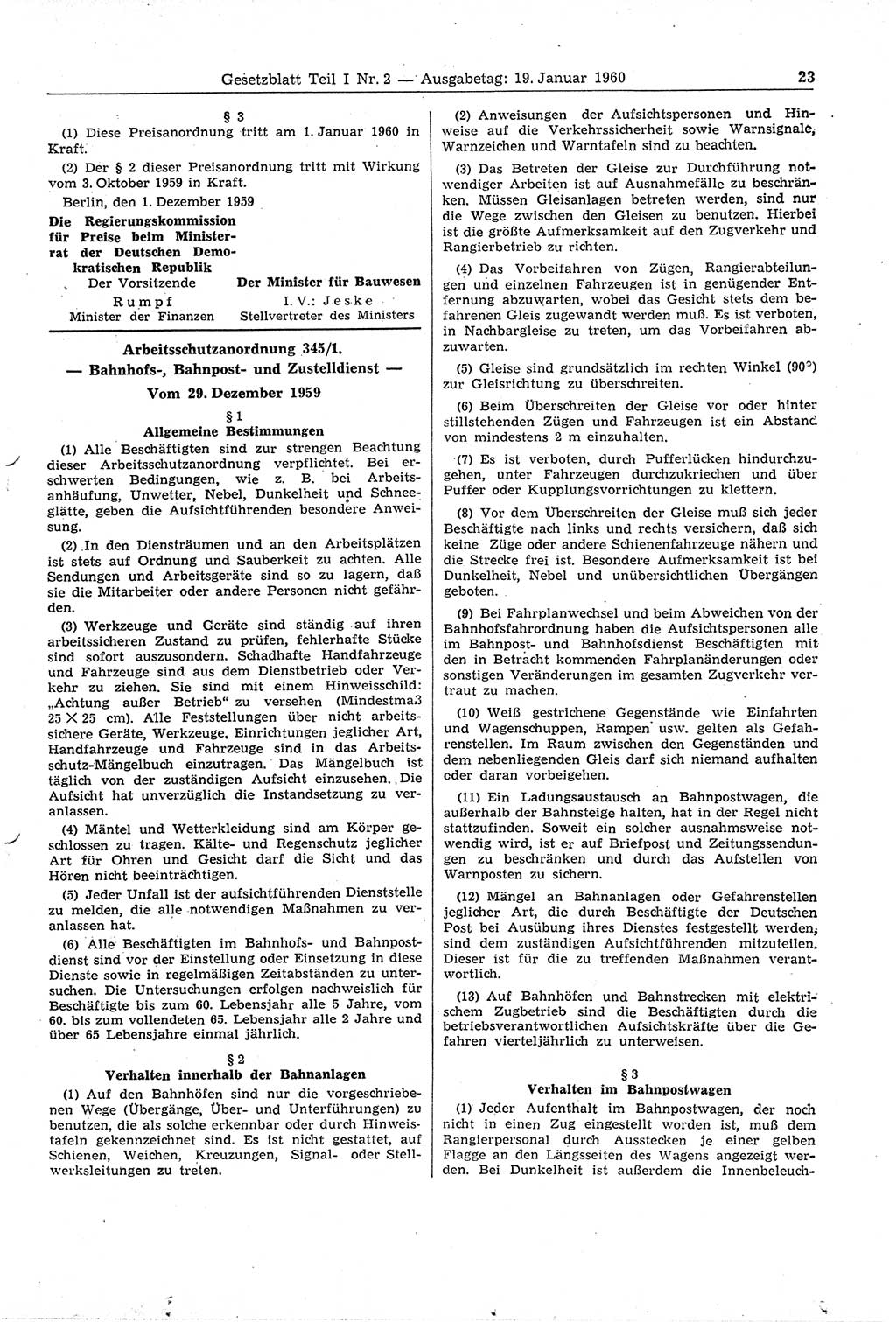 Gesetzblatt (GBl.) der Deutschen Demokratischen Republik (DDR) Teil Ⅰ 1960, Seite 23 (GBl. DDR Ⅰ 1960, S. 23)