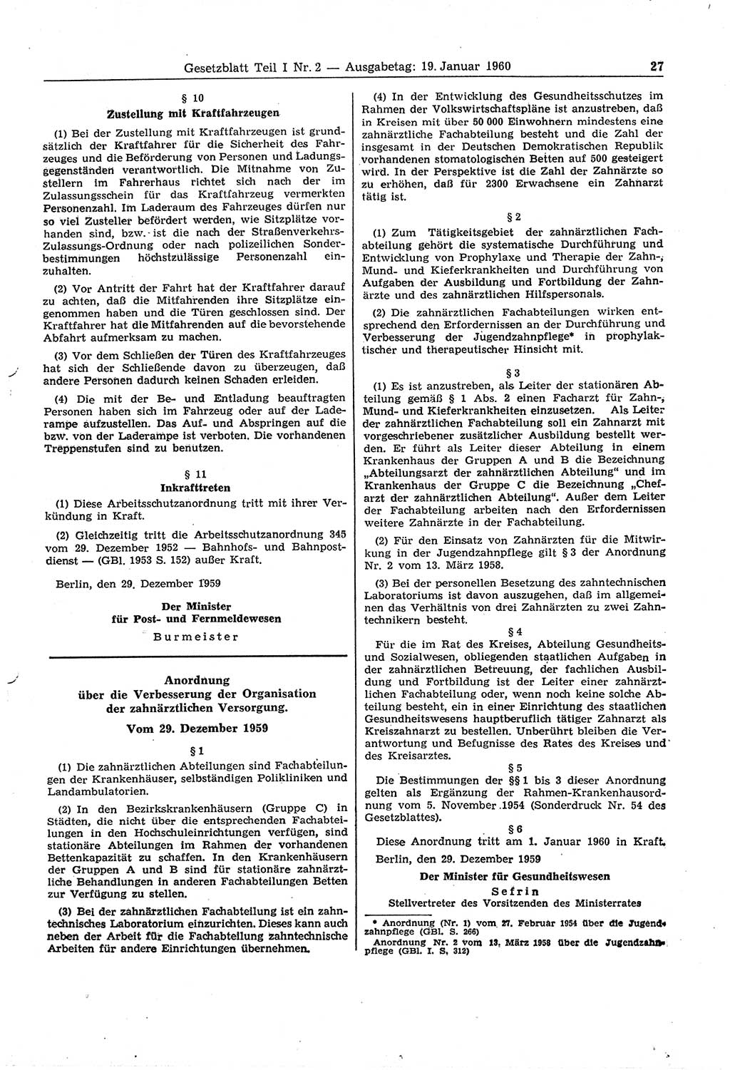 Gesetzblatt (GBl.) der Deutschen Demokratischen Republik (DDR) Teil Ⅰ 1960, Seite 27 (GBl. DDR Ⅰ 1960, S. 27)