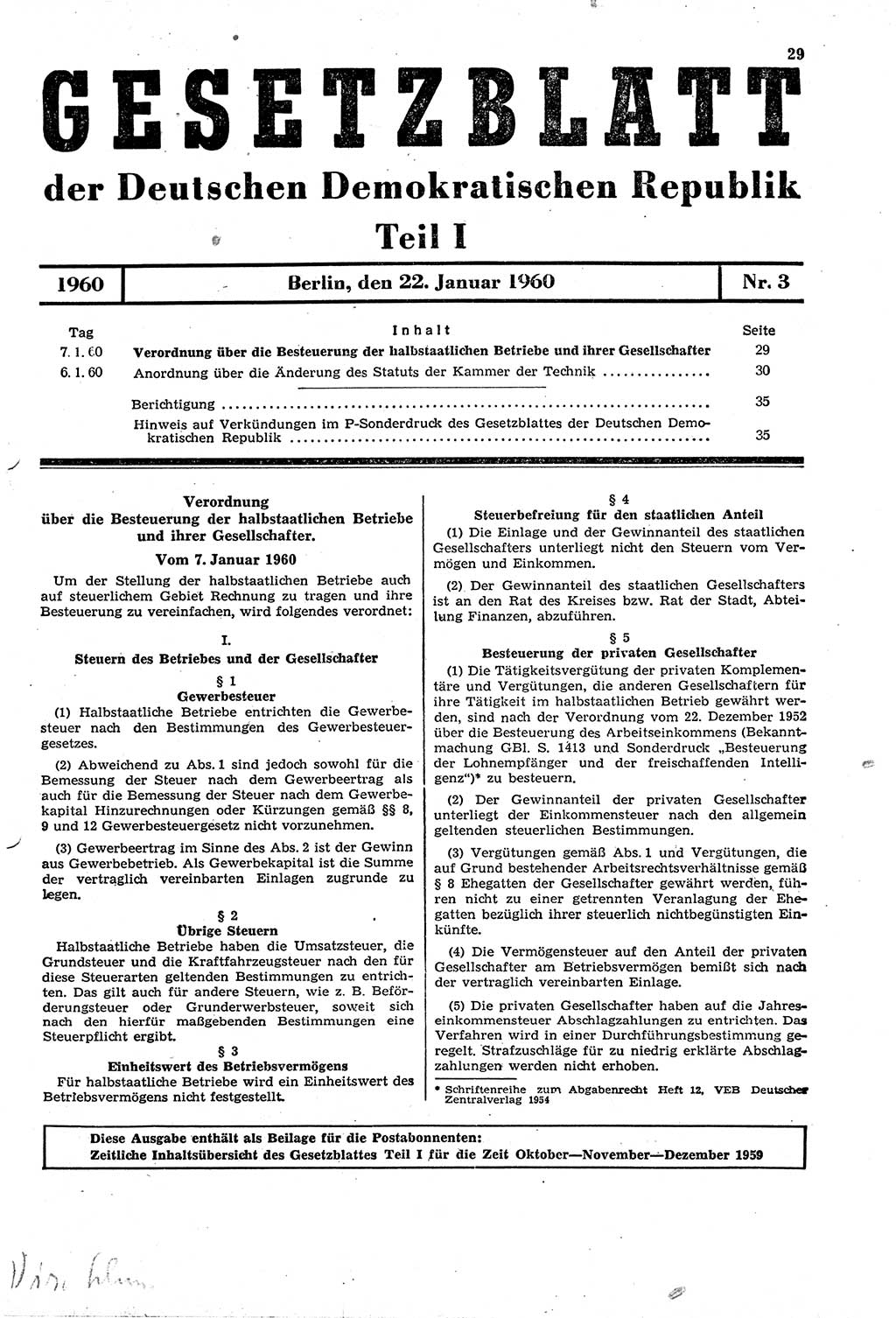 Gesetzblatt (GBl.) der Deutschen Demokratischen Republik (DDR) Teil Ⅰ 1960, Seite 29 (GBl. DDR Ⅰ 1960, S. 29)