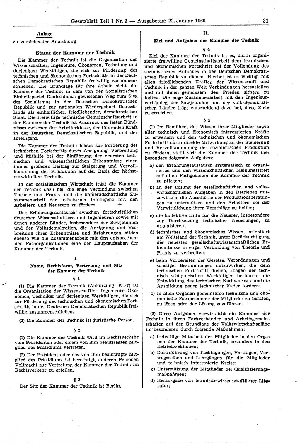 Gesetzblatt (GBl.) der Deutschen Demokratischen Republik (DDR) Teil Ⅰ 1960, Seite 31 (GBl. DDR Ⅰ 1960, S. 31)