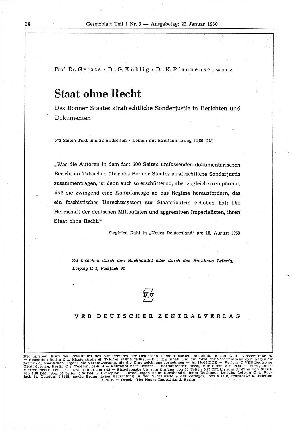 Gesetzblatt (GBl.) der Deutschen Demokratischen Republik (DDR) Teil Ⅰ 1960, Seite 36 (GBl. DDR Ⅰ 1960, S. 36)