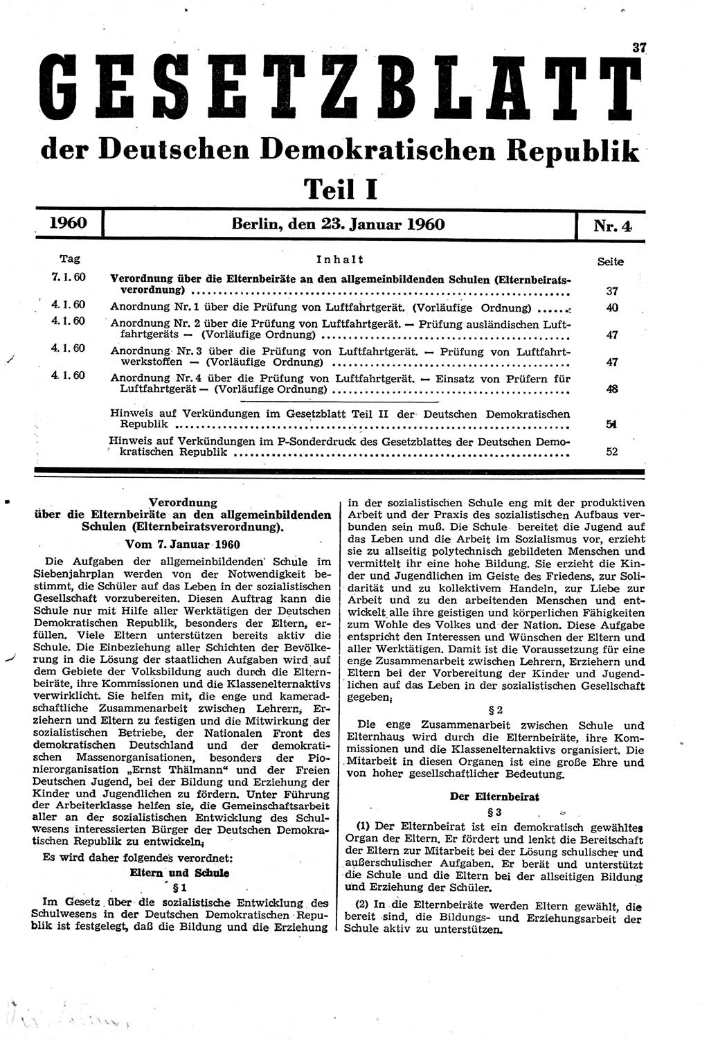 Gesetzblatt (GBl.) der Deutschen Demokratischen Republik (DDR) Teil Ⅰ 1960, Seite 37 (GBl. DDR Ⅰ 1960, S. 37)