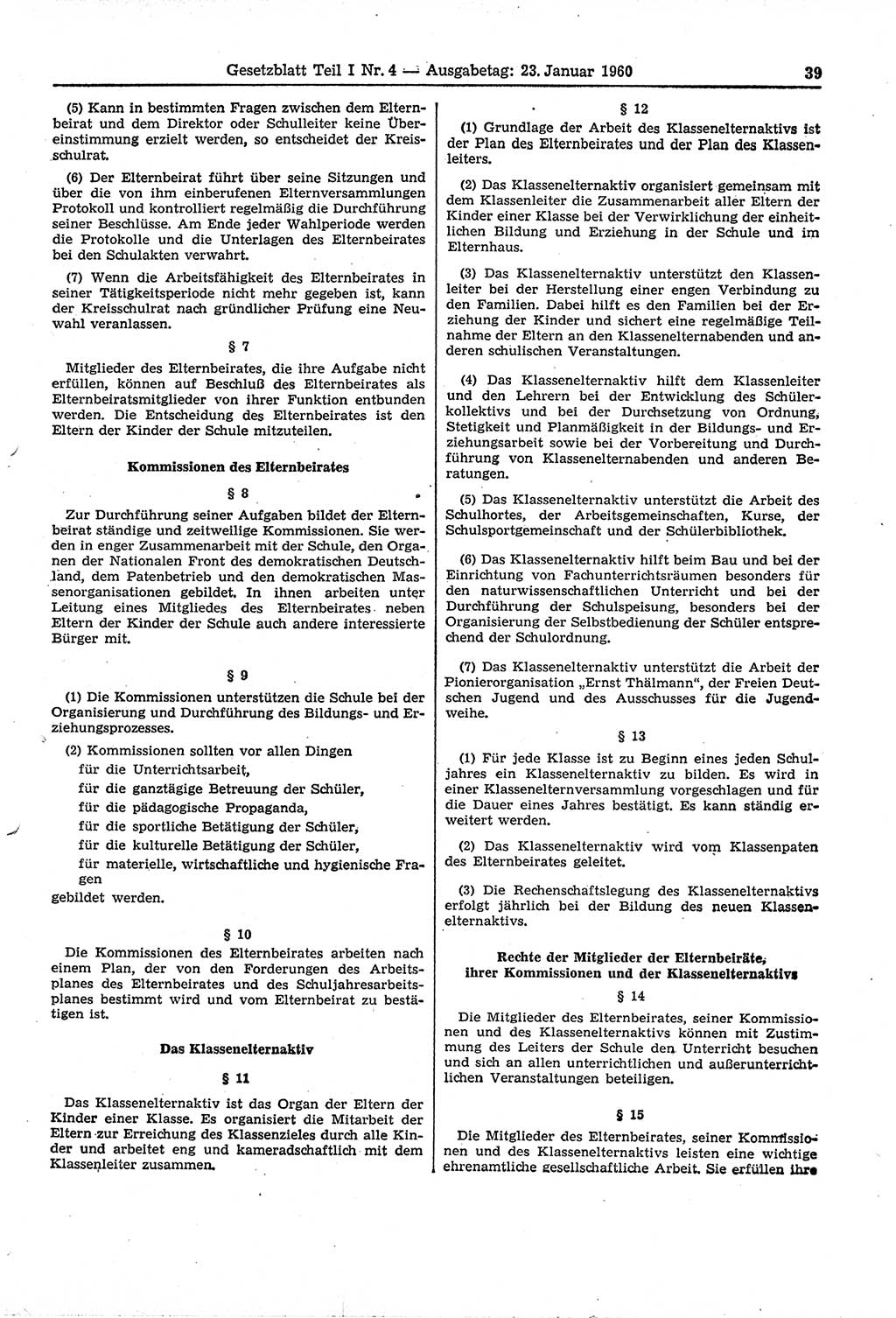 Gesetzblatt (GBl.) der Deutschen Demokratischen Republik (DDR) Teil Ⅰ 1960, Seite 39 (GBl. DDR Ⅰ 1960, S. 39)