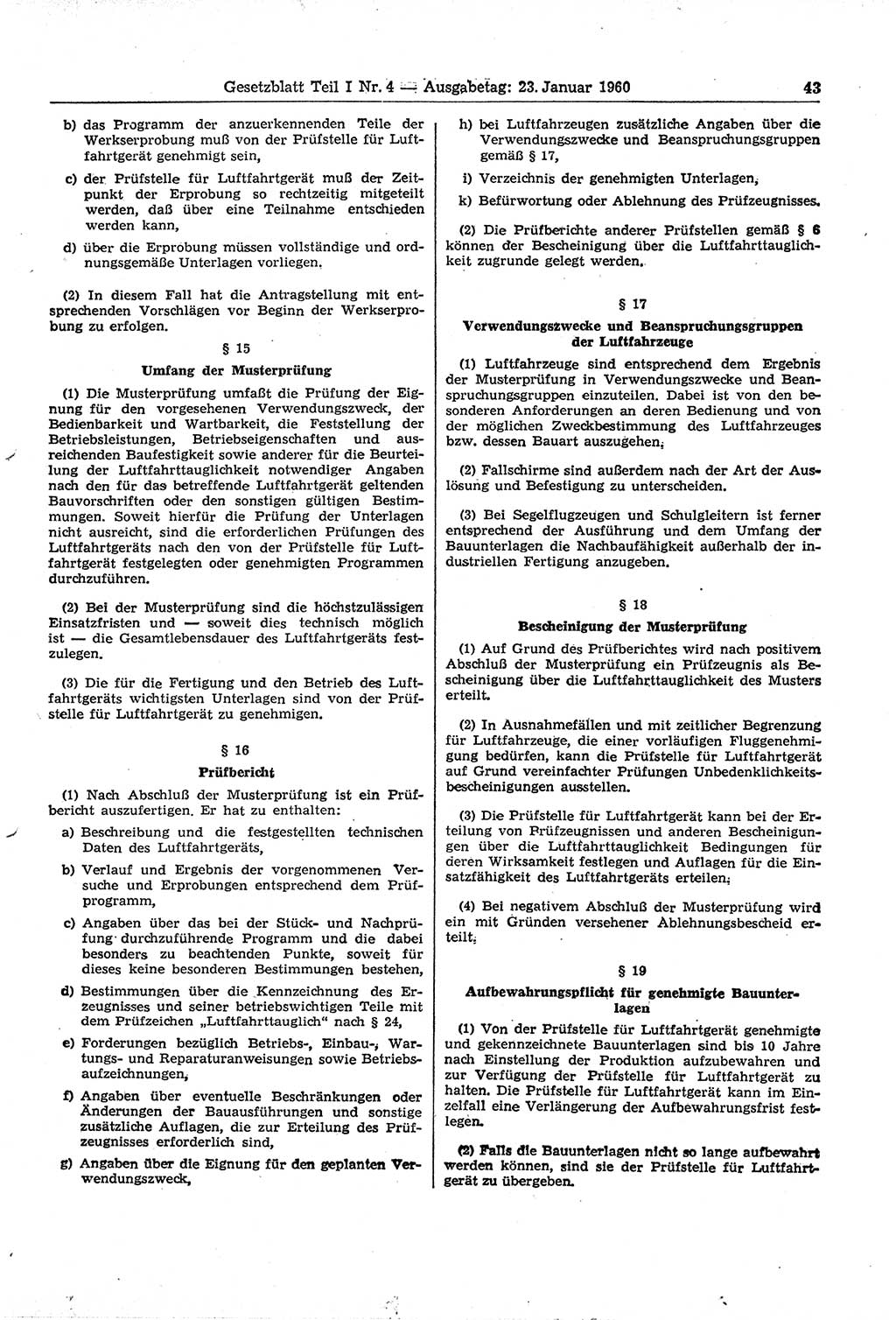 Gesetzblatt (GBl.) der Deutschen Demokratischen Republik (DDR) Teil Ⅰ 1960, Seite 43 (GBl. DDR Ⅰ 1960, S. 43)