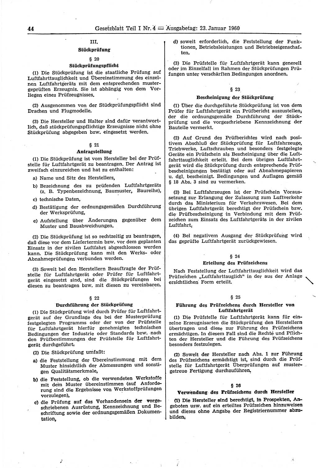 Gesetzblatt (GBl.) der Deutschen Demokratischen Republik (DDR) Teil Ⅰ 1960, Seite 44 (GBl. DDR Ⅰ 1960, S. 44)