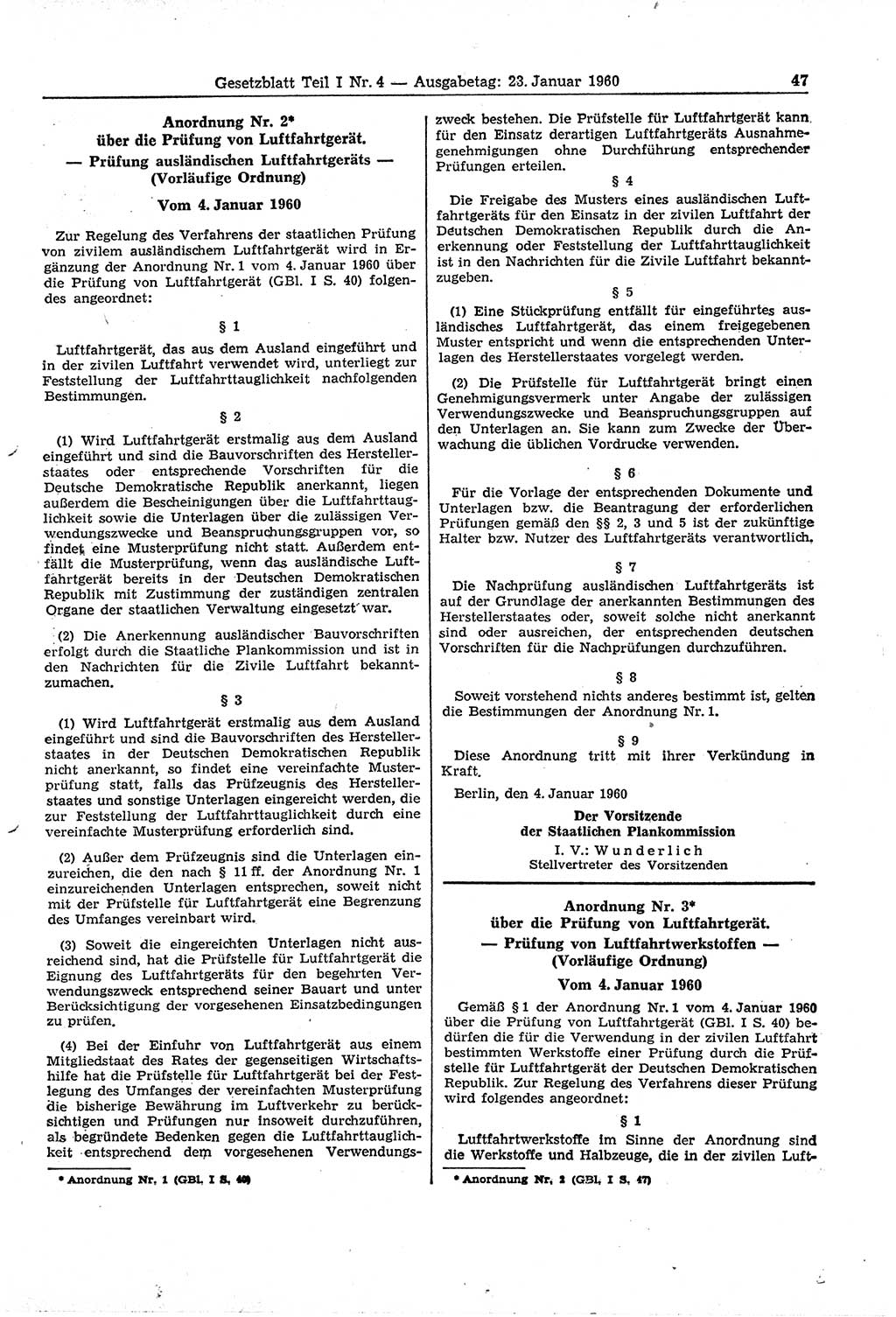 Gesetzblatt (GBl.) der Deutschen Demokratischen Republik (DDR) Teil Ⅰ 1960, Seite 47 (GBl. DDR Ⅰ 1960, S. 47)