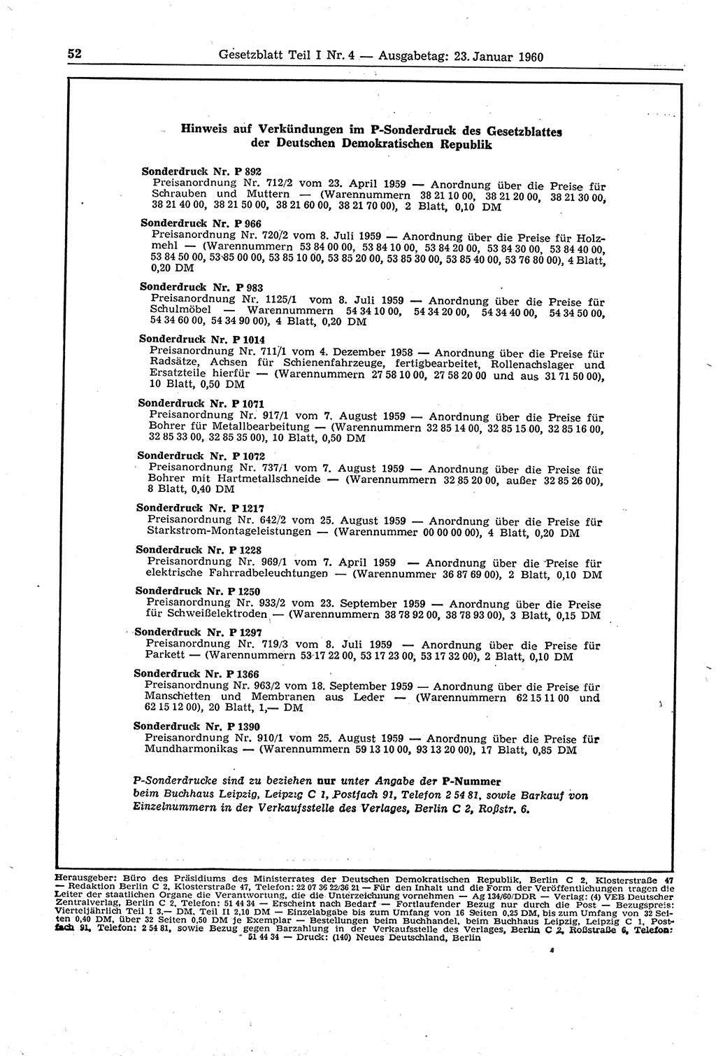 Gesetzblatt (GBl.) der Deutschen Demokratischen Republik (DDR) Teil Ⅰ 1960, Seite 52 (GBl. DDR Ⅰ 1960, S. 52)