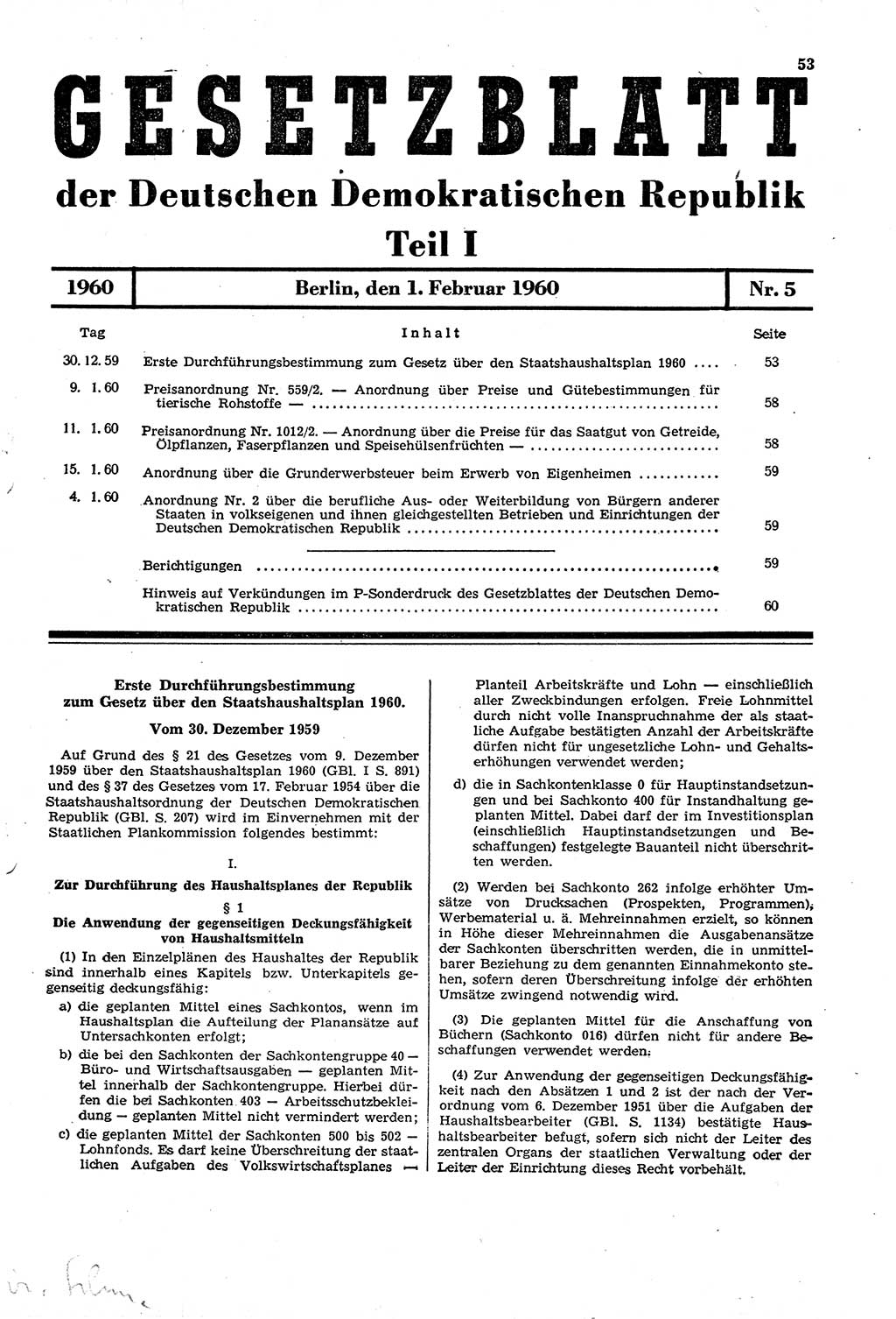Gesetzblatt (GBl.) der Deutschen Demokratischen Republik (DDR) Teil Ⅰ 1960, Seite 53 (GBl. DDR Ⅰ 1960, S. 53)