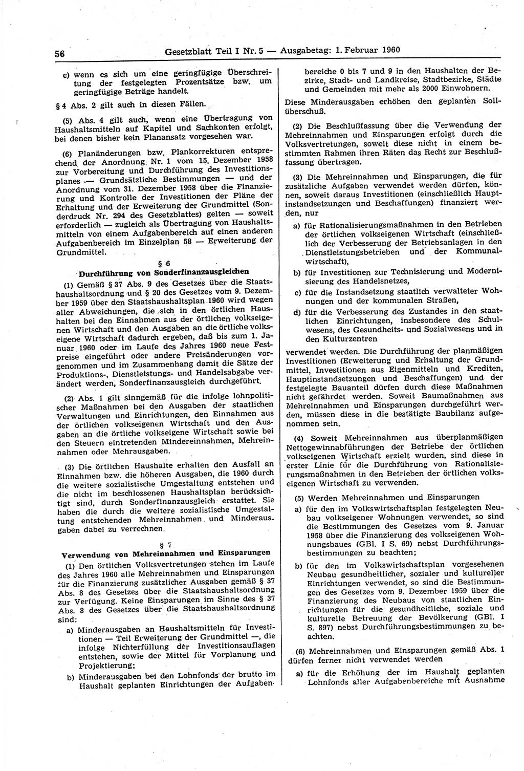 Gesetzblatt (GBl.) der Deutschen Demokratischen Republik (DDR) Teil Ⅰ 1960, Seite 56 (GBl. DDR Ⅰ 1960, S. 56)