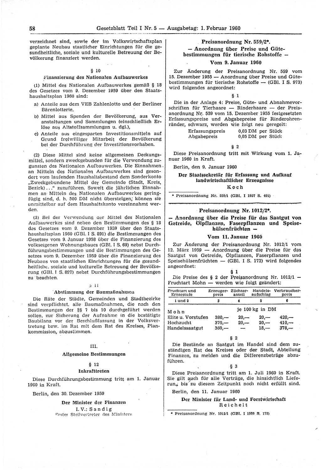 Gesetzblatt (GBl.) der Deutschen Demokratischen Republik (DDR) Teil Ⅰ 1960, Seite 58 (GBl. DDR Ⅰ 1960, S. 58)