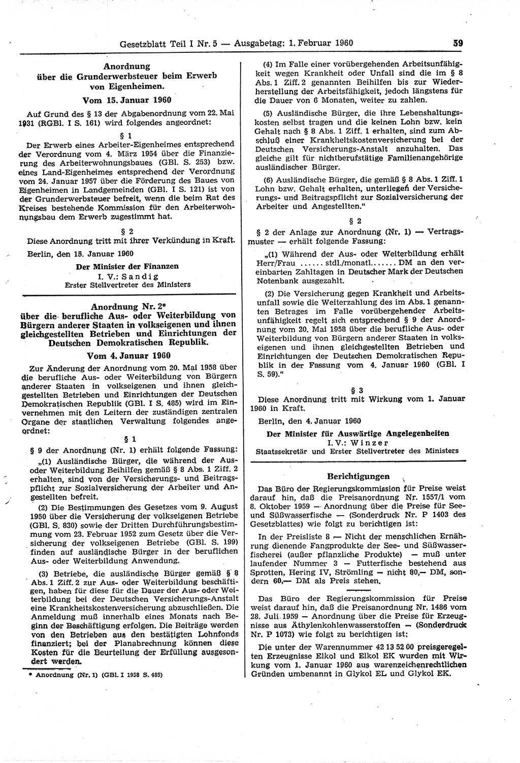 Gesetzblatt (GBl.) der Deutschen Demokratischen Republik (DDR) Teil Ⅰ 1960, Seite 59 (GBl. DDR Ⅰ 1960, S. 59)