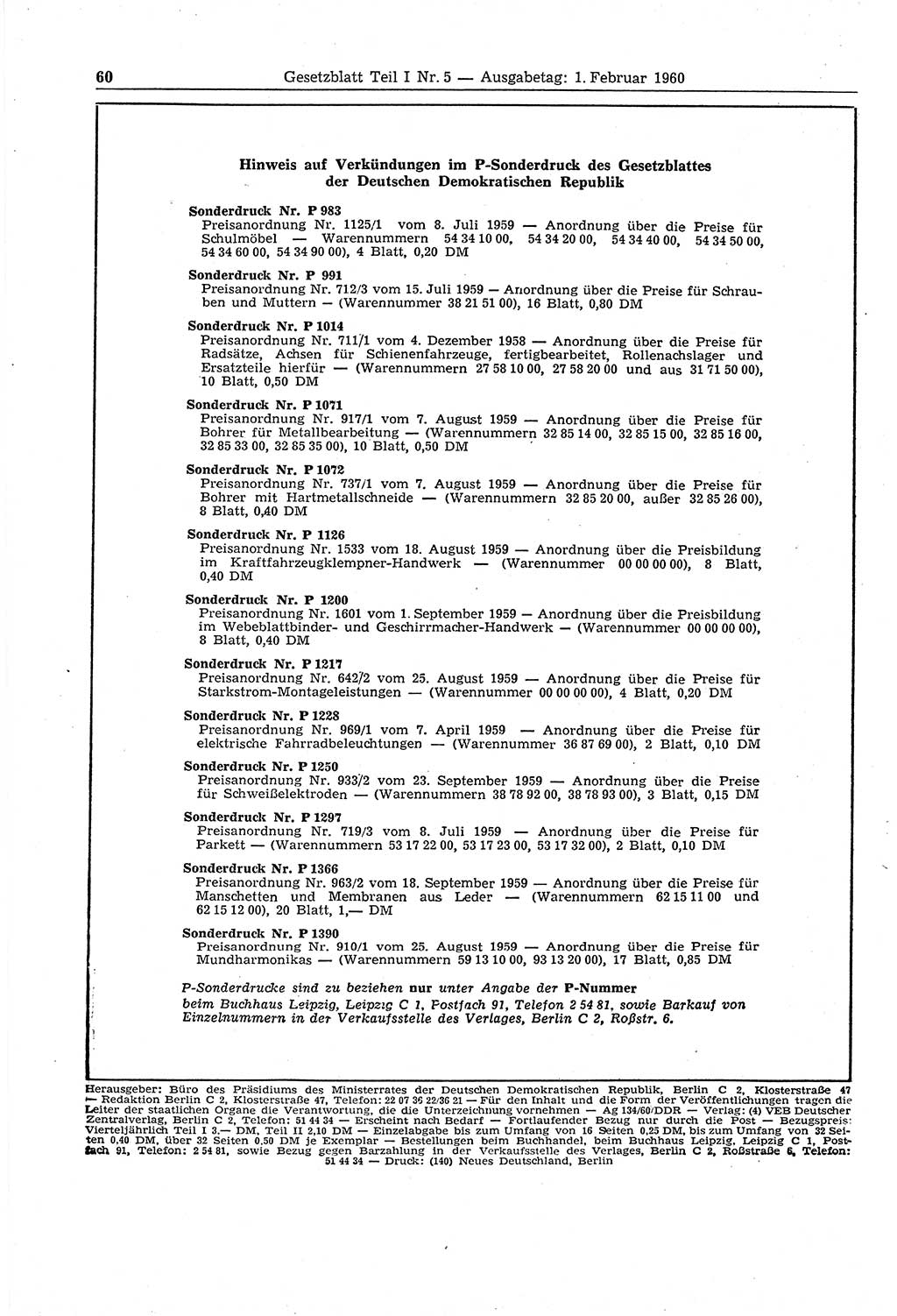 Gesetzblatt (GBl.) der Deutschen Demokratischen Republik (DDR) Teil Ⅰ 1960, Seite 60 (GBl. DDR Ⅰ 1960, S. 60)