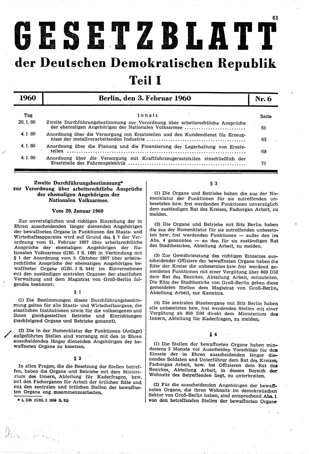 Gesetzblatt (GBl.) der Deutschen Demokratischen Republik (DDR) Teil Ⅰ 1960, Seite 61 (GBl. DDR Ⅰ 1960, S. 61)