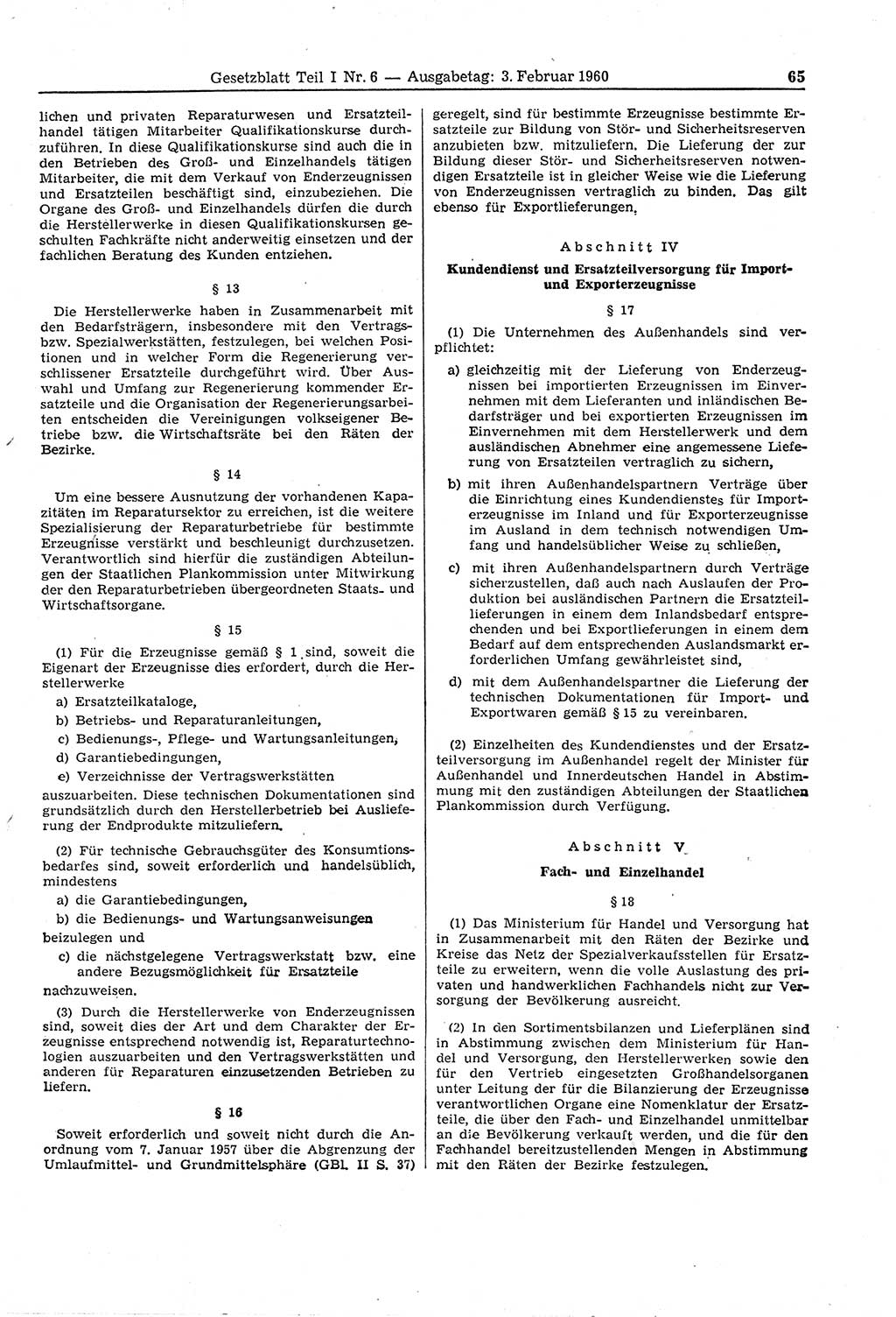 Gesetzblatt (GBl.) der Deutschen Demokratischen Republik (DDR) Teil Ⅰ 1960, Seite 65 (GBl. DDR Ⅰ 1960, S. 65)