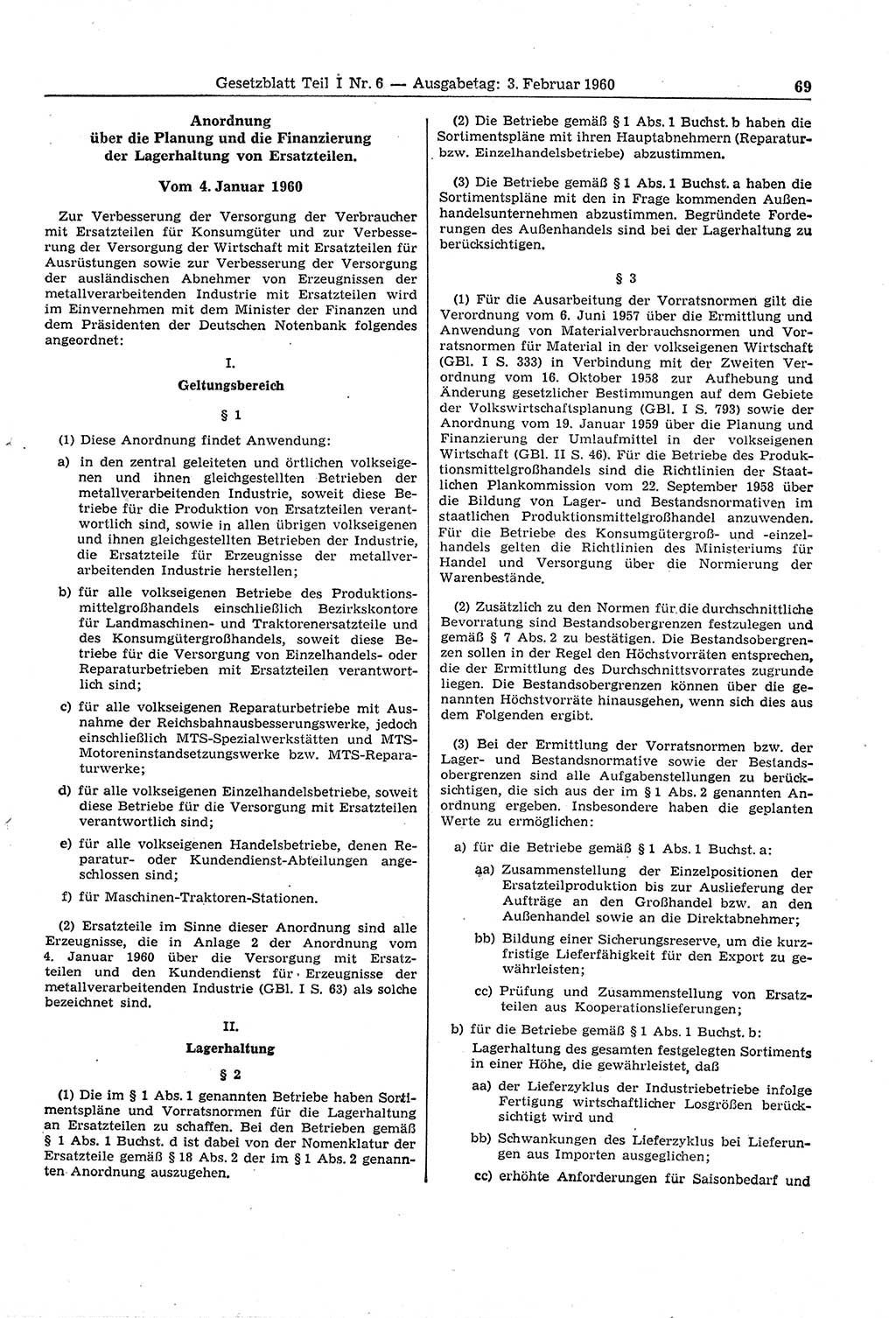 Gesetzblatt (GBl.) der Deutschen Demokratischen Republik (DDR) Teil Ⅰ 1960, Seite 69 (GBl. DDR Ⅰ 1960, S. 69)