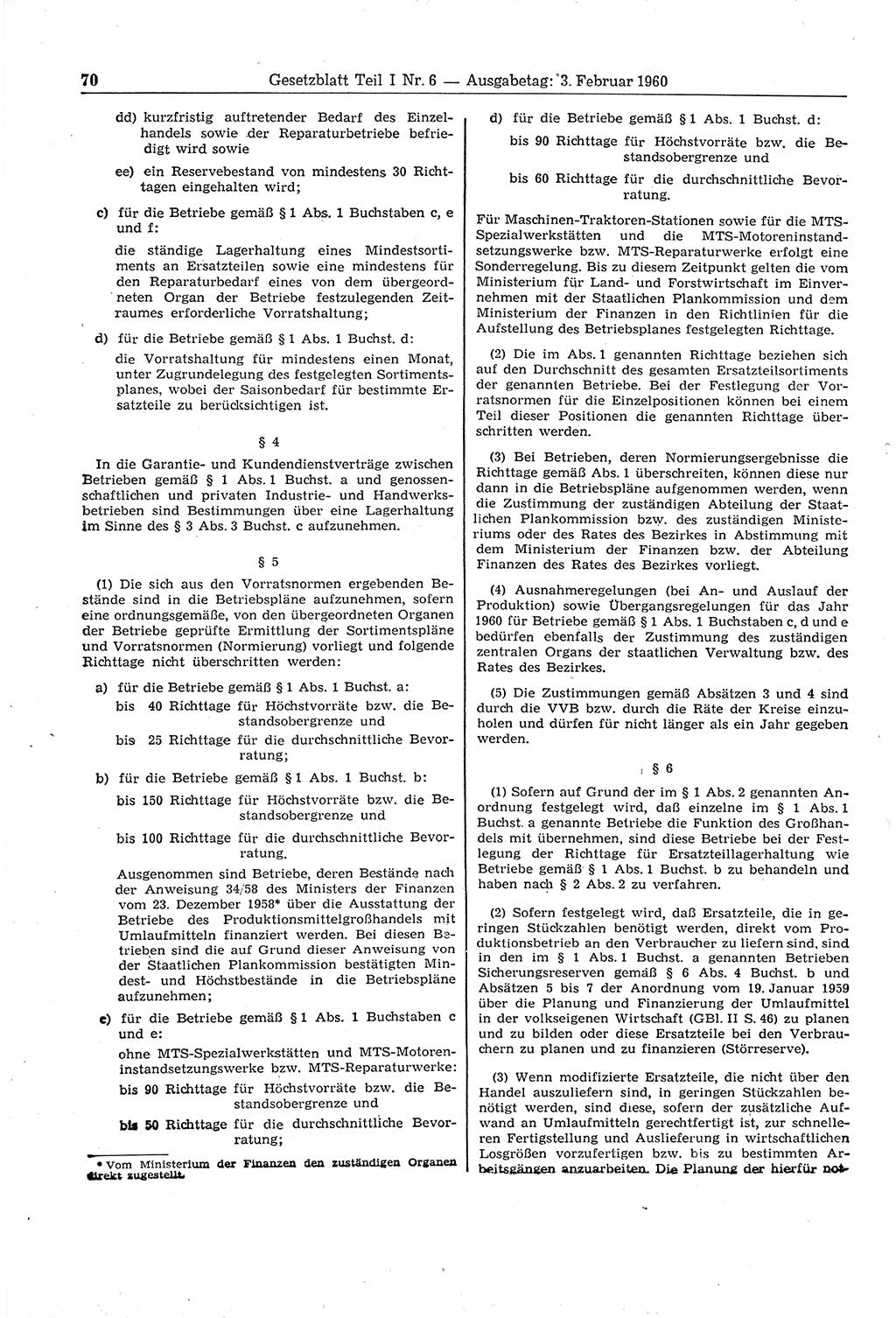 Gesetzblatt (GBl.) der Deutschen Demokratischen Republik (DDR) Teil Ⅰ 1960, Seite 70 (GBl. DDR Ⅰ 1960, S. 70)