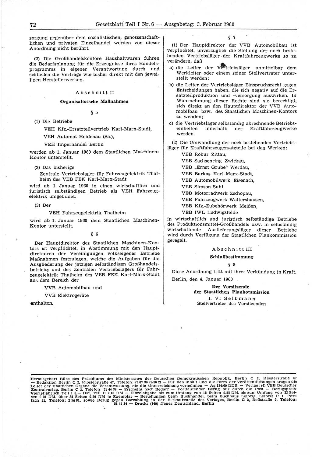 Gesetzblatt (GBl.) der Deutschen Demokratischen Republik (DDR) Teil Ⅰ 1960, Seite 72 (GBl. DDR Ⅰ 1960, S. 72)