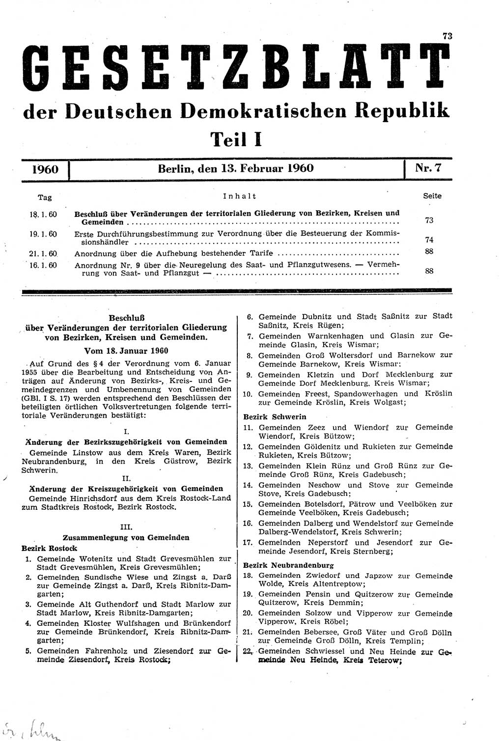 Gesetzblatt (GBl.) der Deutschen Demokratischen Republik (DDR) Teil Ⅰ 1960, Seite 73 (GBl. DDR Ⅰ 1960, S. 73)