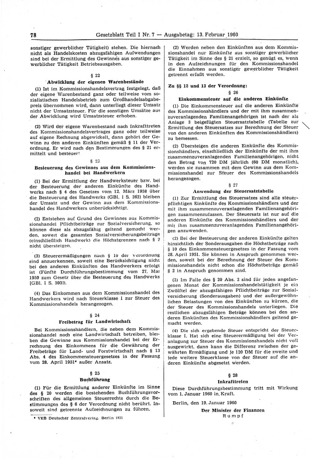 Gesetzblatt (GBl.) der Deutschen Demokratischen Republik (DDR) Teil Ⅰ 1960, Seite 78 (GBl. DDR Ⅰ 1960, S. 78)