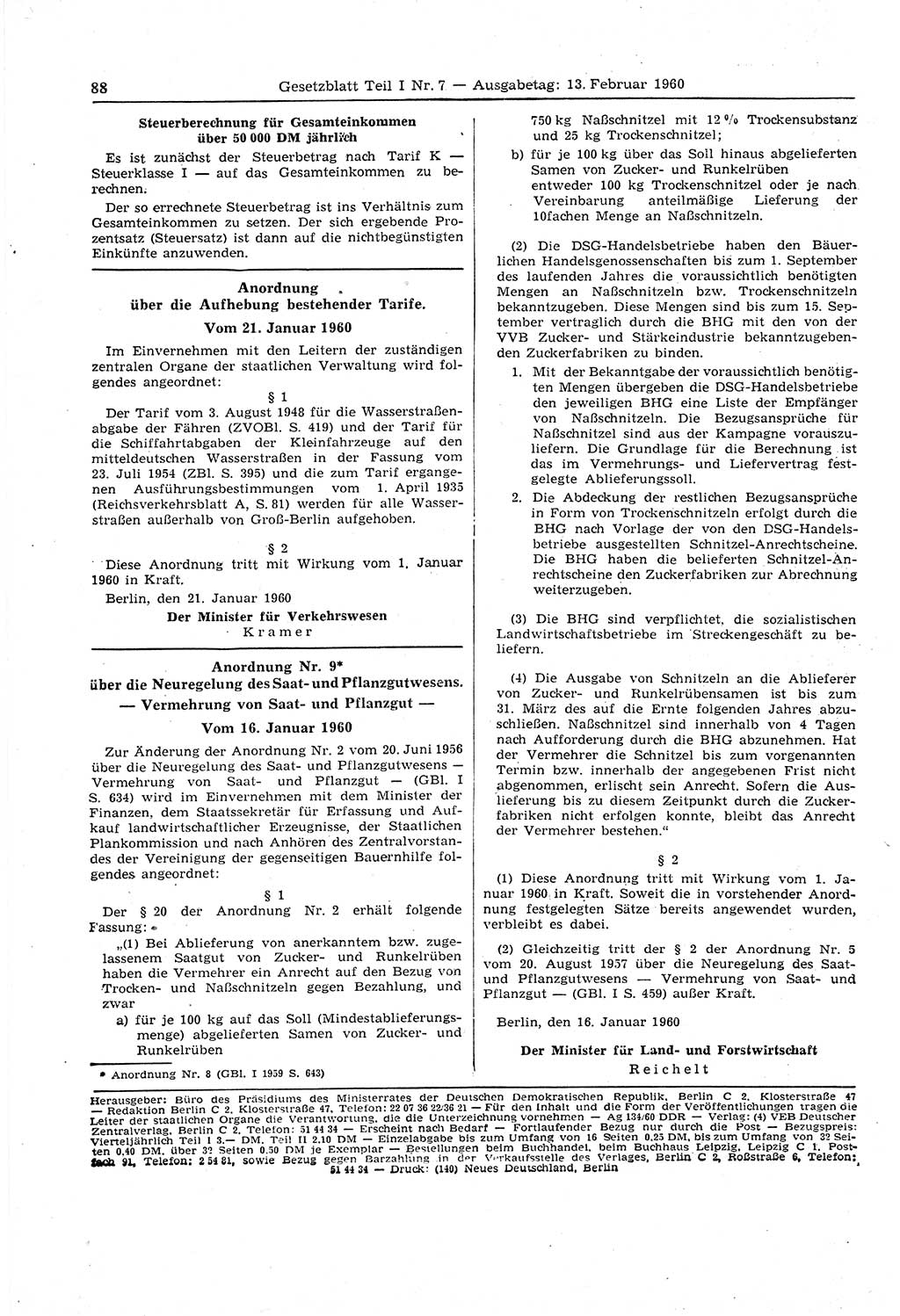 Gesetzblatt (GBl.) der Deutschen Demokratischen Republik (DDR) Teil Ⅰ 1960, Seite 88 (GBl. DDR Ⅰ 1960, S. 88)