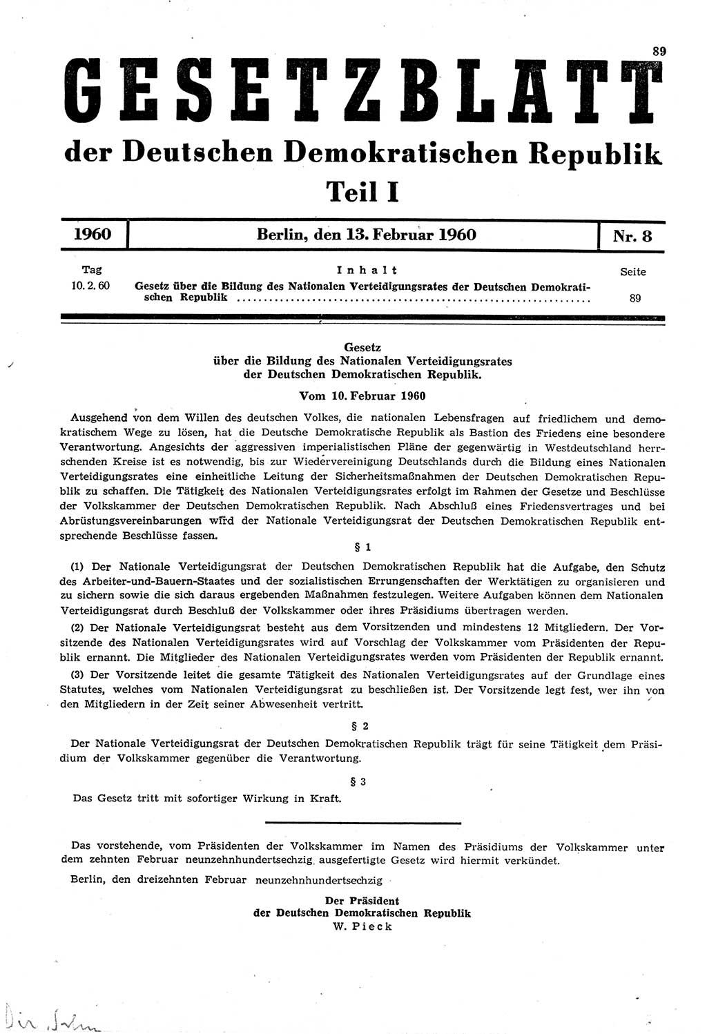 Gesetzblatt (GBl.) der Deutschen Demokratischen Republik (DDR) Teil Ⅰ 1960, Seite 89 (GBl. DDR Ⅰ 1960, S. 89)